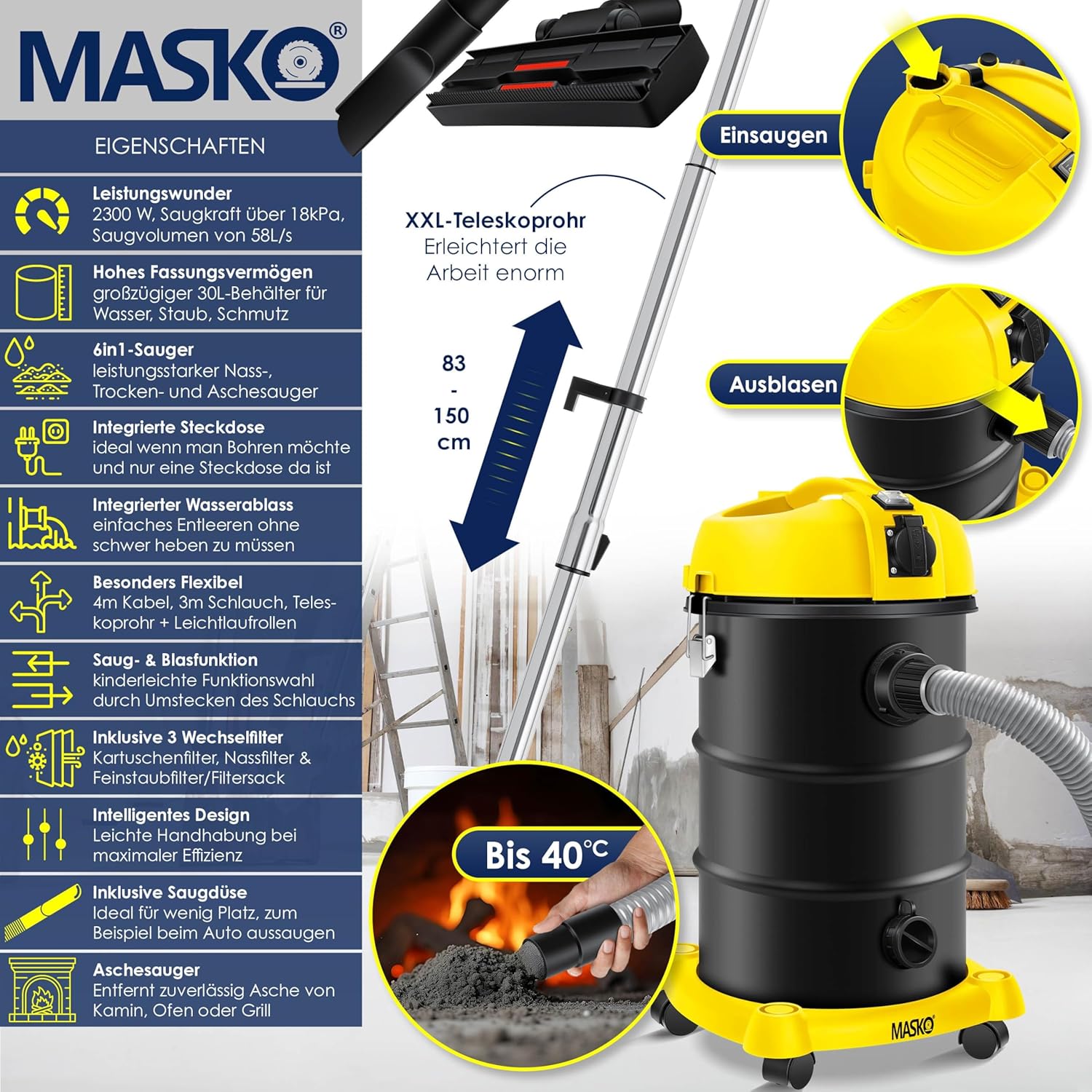 Masko® 6in1 Industriestaubsauger Nass-Trocken-Aschesauger 2300W + Steckdose. Blasfunktion. Trocken- und Nasssaugen – Industriestaubsauger mit und ohne Beutel – beutellos., gelb – Bild 2
