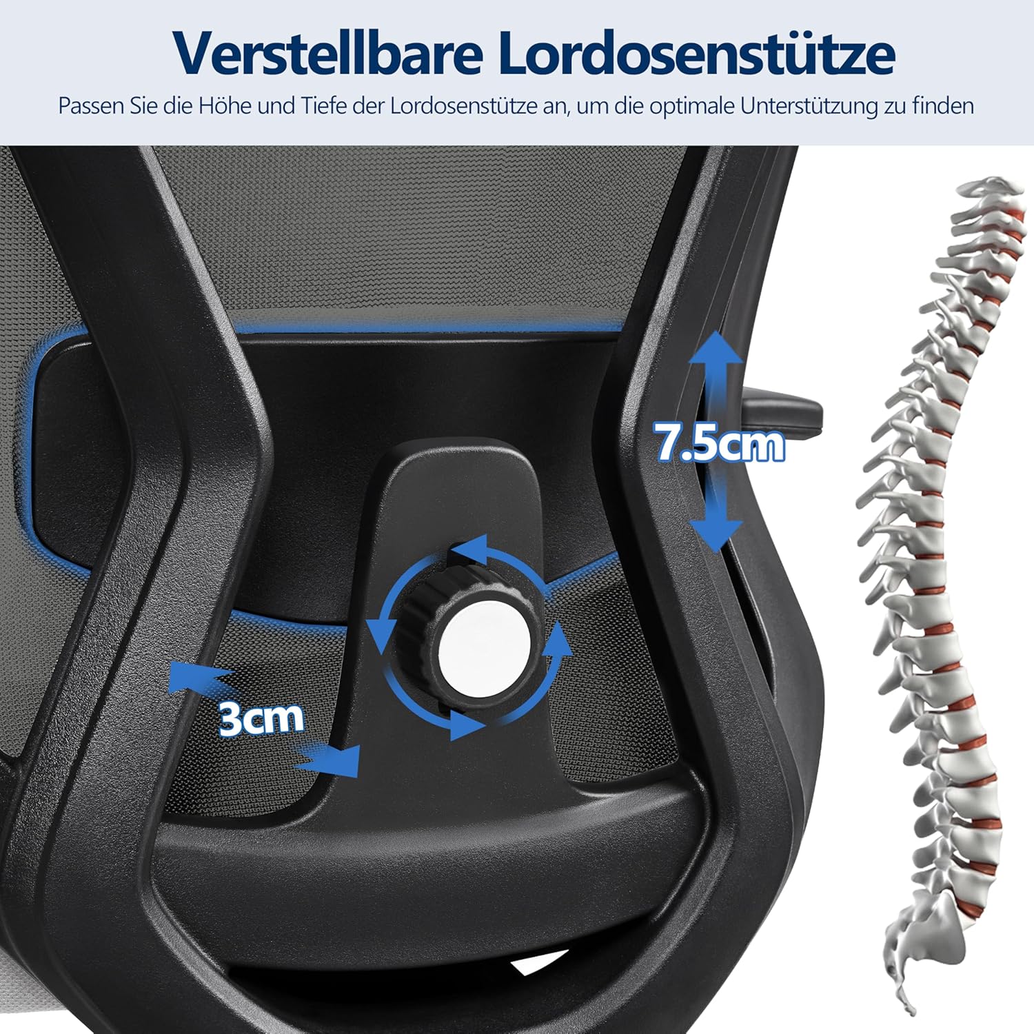 Yaheetech Bürostuhl, ergonomischer Schreibtischstuhl mit verstellbarer Kopfstütze und Lordosenstütze, atmungsaktiver Netzstuhl mit breiter Sitzfläche, S-förmige Rückenlehne, 360° drehbar, Schwarz – Bild 4