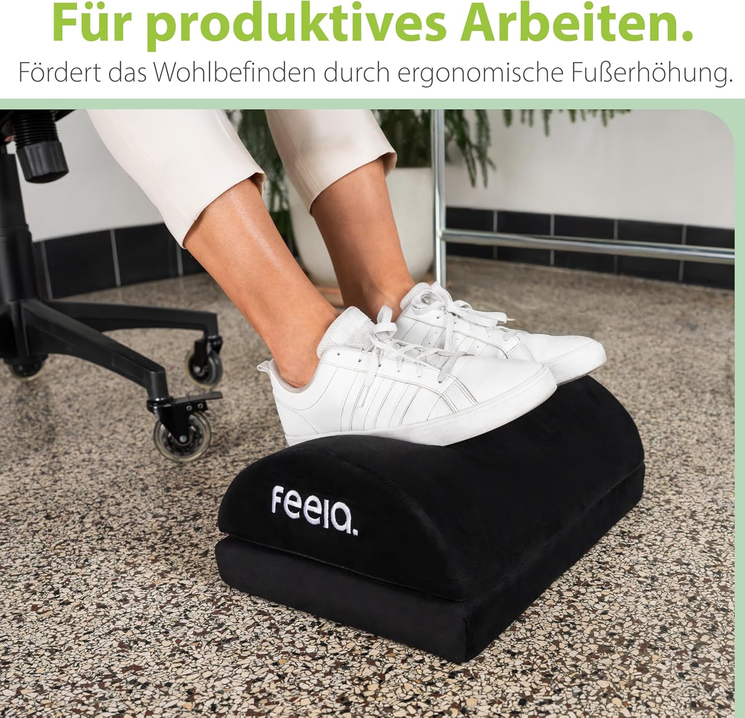 Feela. Fußstützen-Schreibtisch (Vergleichssieger) – Ergonomischer Fußhocker mit Premium-Schaumstoffkern & integriertem Wärmekissen – rutschfest, höhenverstellbar, Schreibtischzubehör (schwarz) – Bild 5