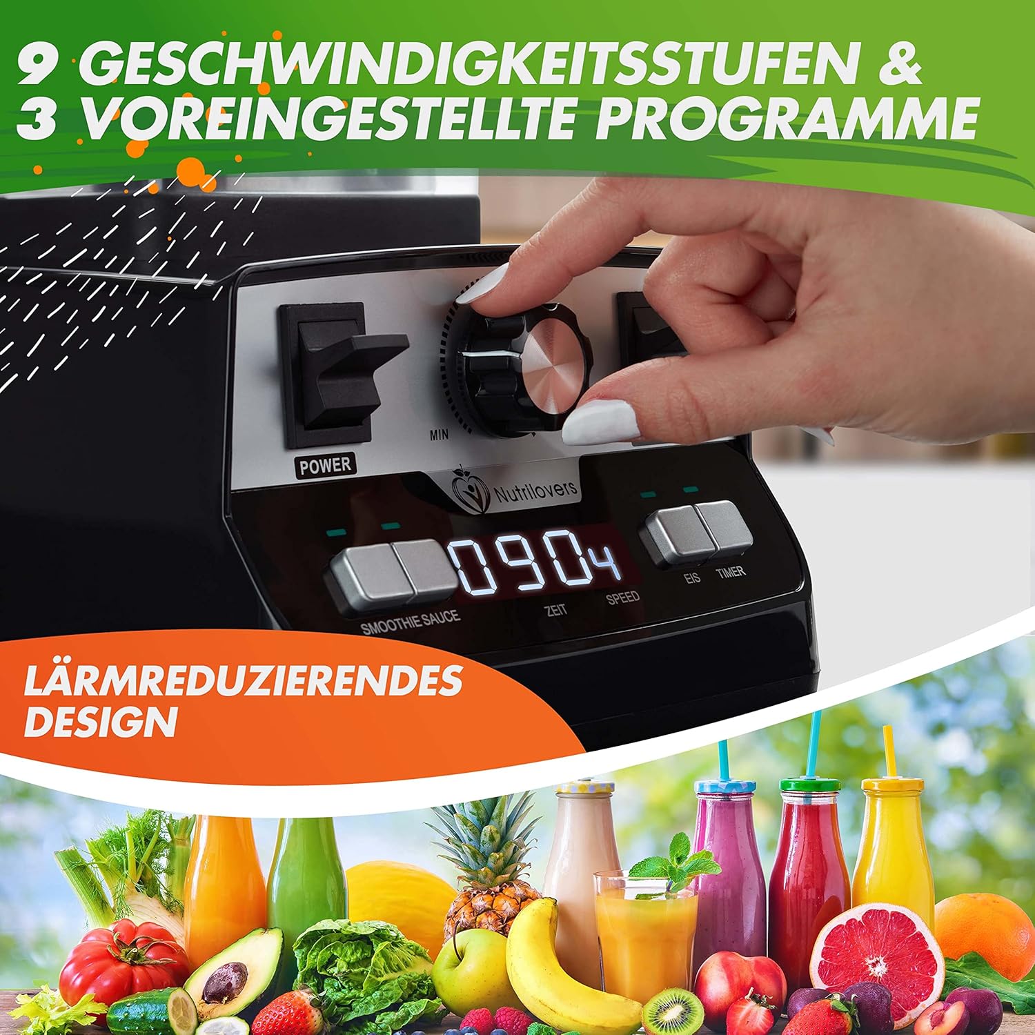 Nutrilovers Nutri Blender Max Hochleistungsmixer 2000 W, Hochleistungs-Smoothie-Maker, Profi-Mixer – 2 l Tritan, BPA-frei, 9 Stufen, digitaler Timer mit Smoothie-Rezeptbuch – Bild 4