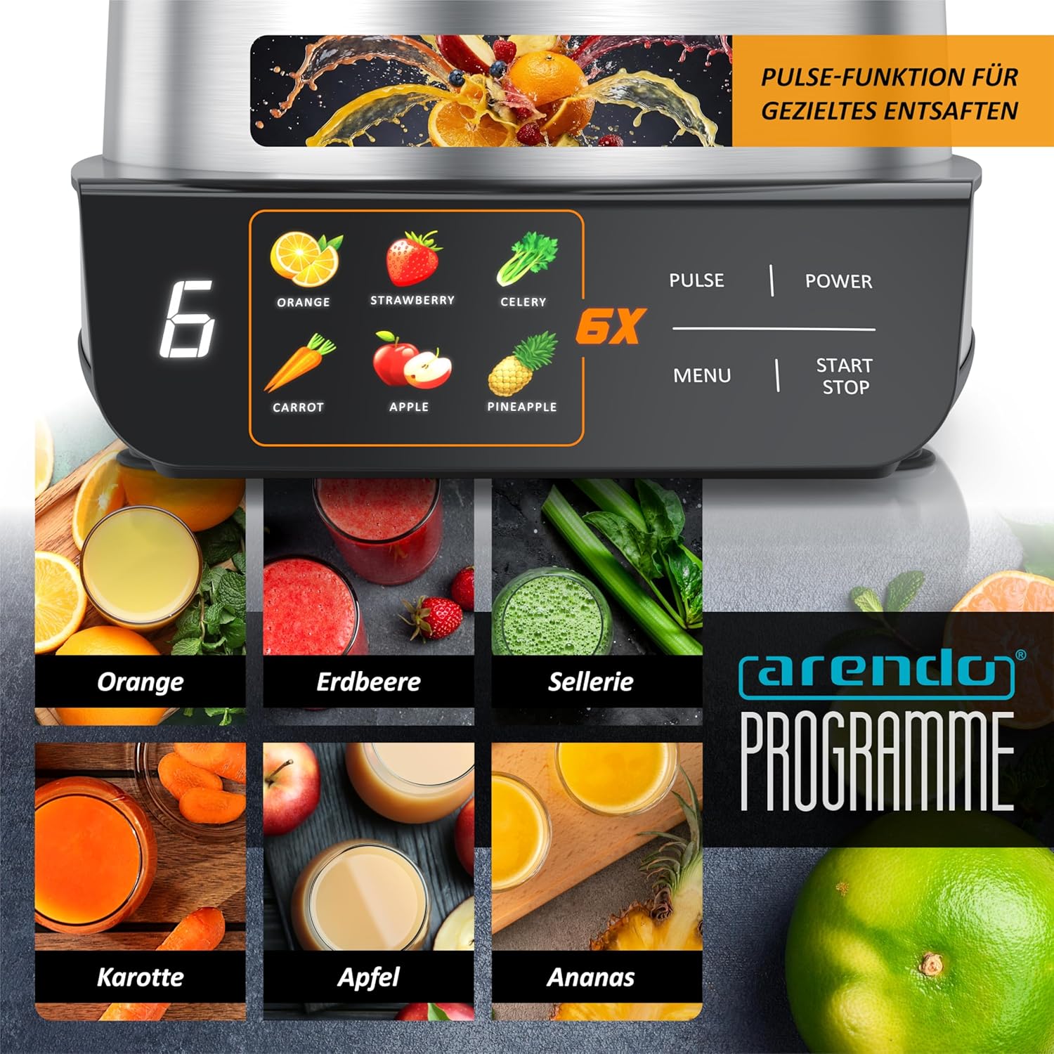 Arendo - Digitaler Entsafter mit Display - 1 Liter - 1000 Watt - XXL-Einfüllschacht - LED-Anzeige - Farbsymbole - Tropfschutz - Pulse-Funktion - Für Gemüse und Obst - Sicherheitsverriegelung - Inkl – Bild 5