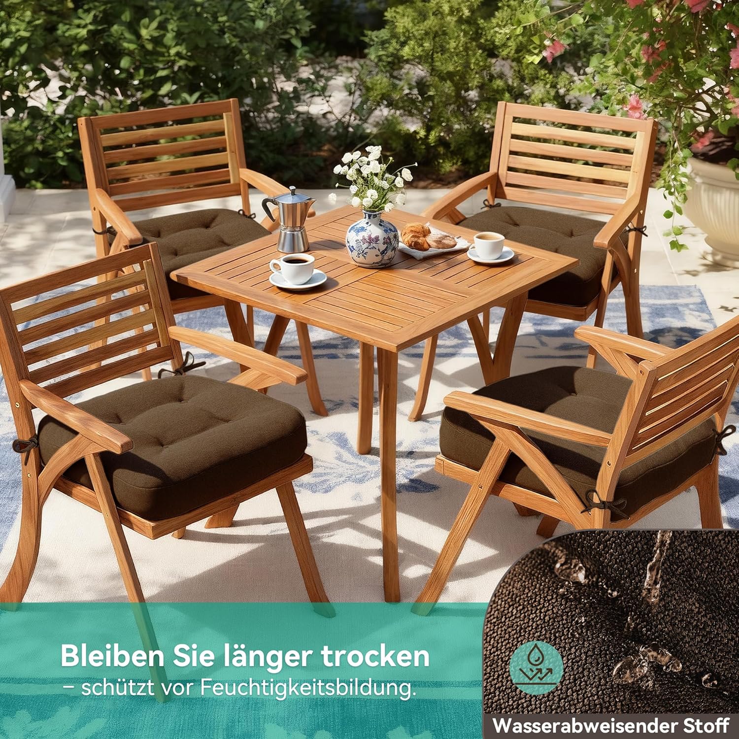 Codi Sitzkissen 40 x 40 x 8 cm, 4er-Set, extra dicke, bequeme Stuhlkissen mit wasserabweisendem Bezug – waschbare, rutschfeste Memory-Schaum-Sitzkissen für Stuhl, Outdoor- und Gartenstuhl, braun – Bild 4