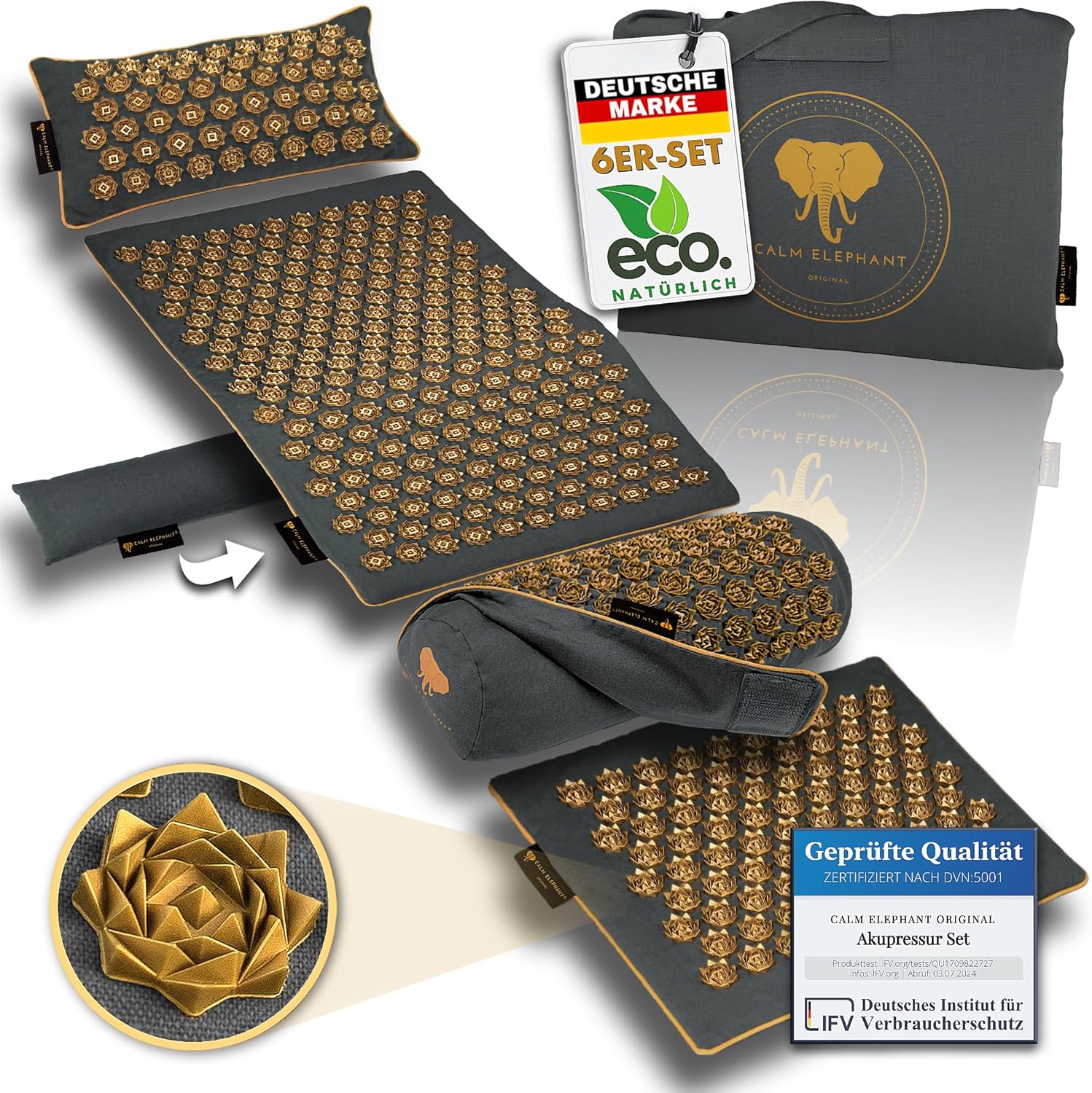 CALM ELEPHANT ORIGINAL Ultimative Akupressurmatte mit Kissen XXL 6er-Set, Massagematte, Rückenverspannungen lösen, Akupunkturmatte, Kissen mit Wärmefunktion, Lendenwirbel- und Kniekissen, Fußmatte, grau