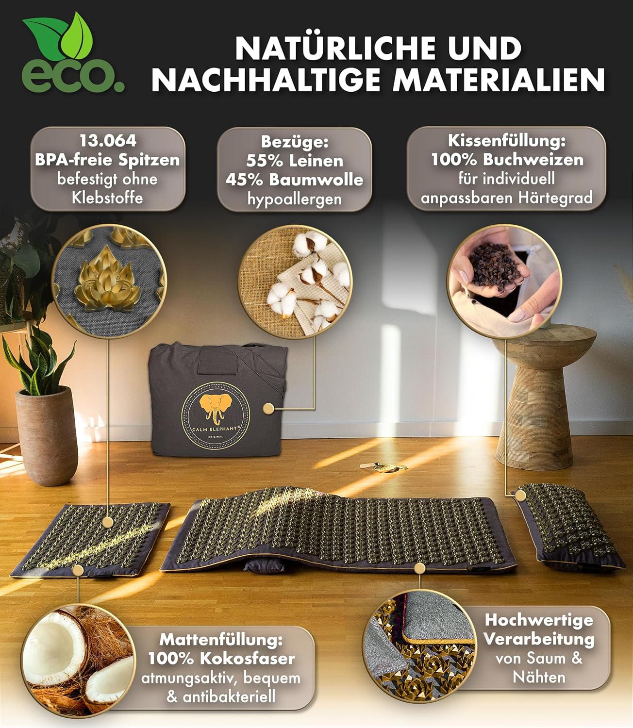 CALM ELEPHANT ORIGINAL Akupressurmatte XXL, große Größe, intensiv für fortgeschrittene Benutzer – Mandala Pro XXL Premium-Set (+158 % mehr Fläche und extra spitze Spitzen) – Verspannungen lösen, Akupunkturmatte, grau – Bild 4