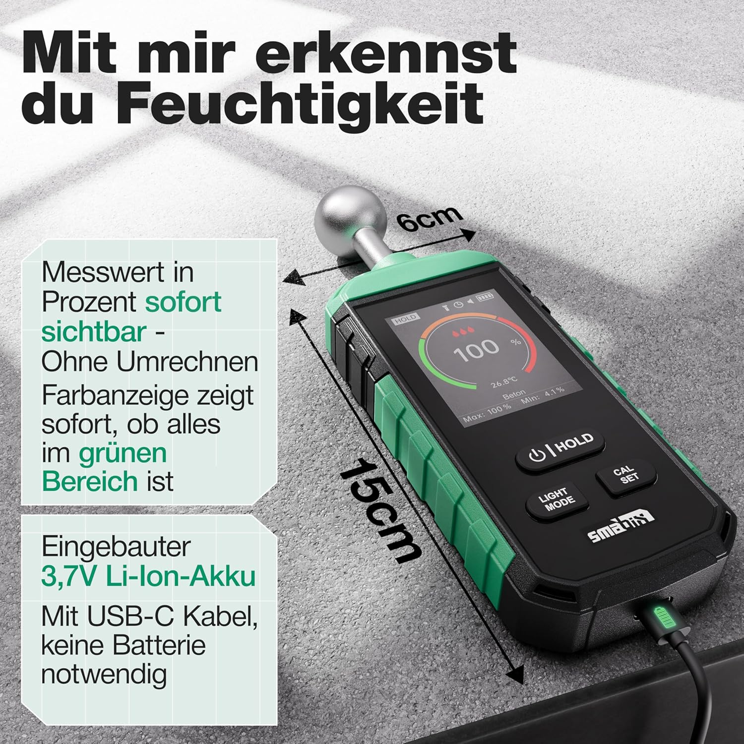 Smabix® Feuchtigkeitsmesser Wand, Holz, Gips, Granit, Feuchtigkeitsmesser für Wände, Mauerwerk, Beton, Baufeuchtemesser, Schimmeldetektor, Feuchtigkeitsmesser, Holzfeuchtemesser, Luftfeuchtigkeitsmesser – Bild 2