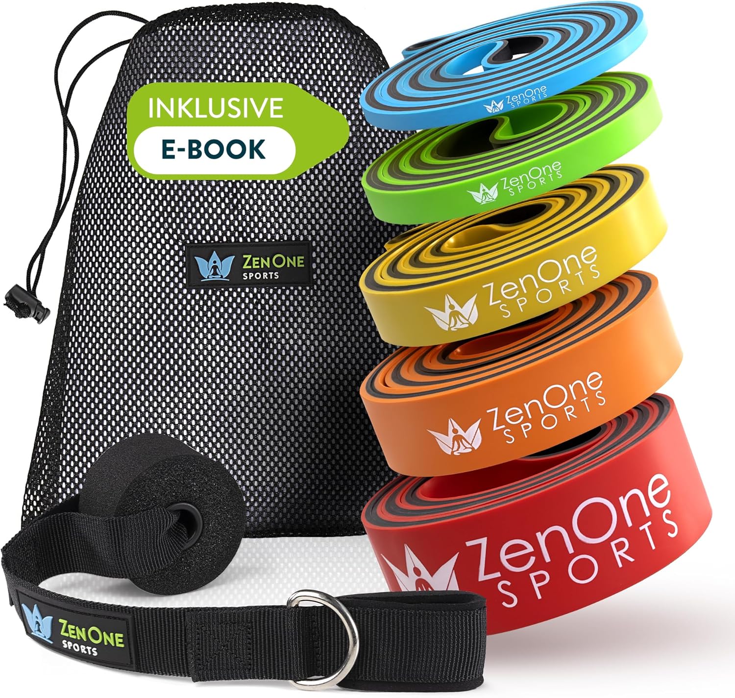 ZenOne Sports Widerstandsbänder aus Gummi I Widerstandsbänder in 6 Stärken – X-Light bis XX Heavy I Klimmzugband mit Workout-Anleitung – Ideal für Klimmzüge, Krafttraining & mehr I Klimmzugband