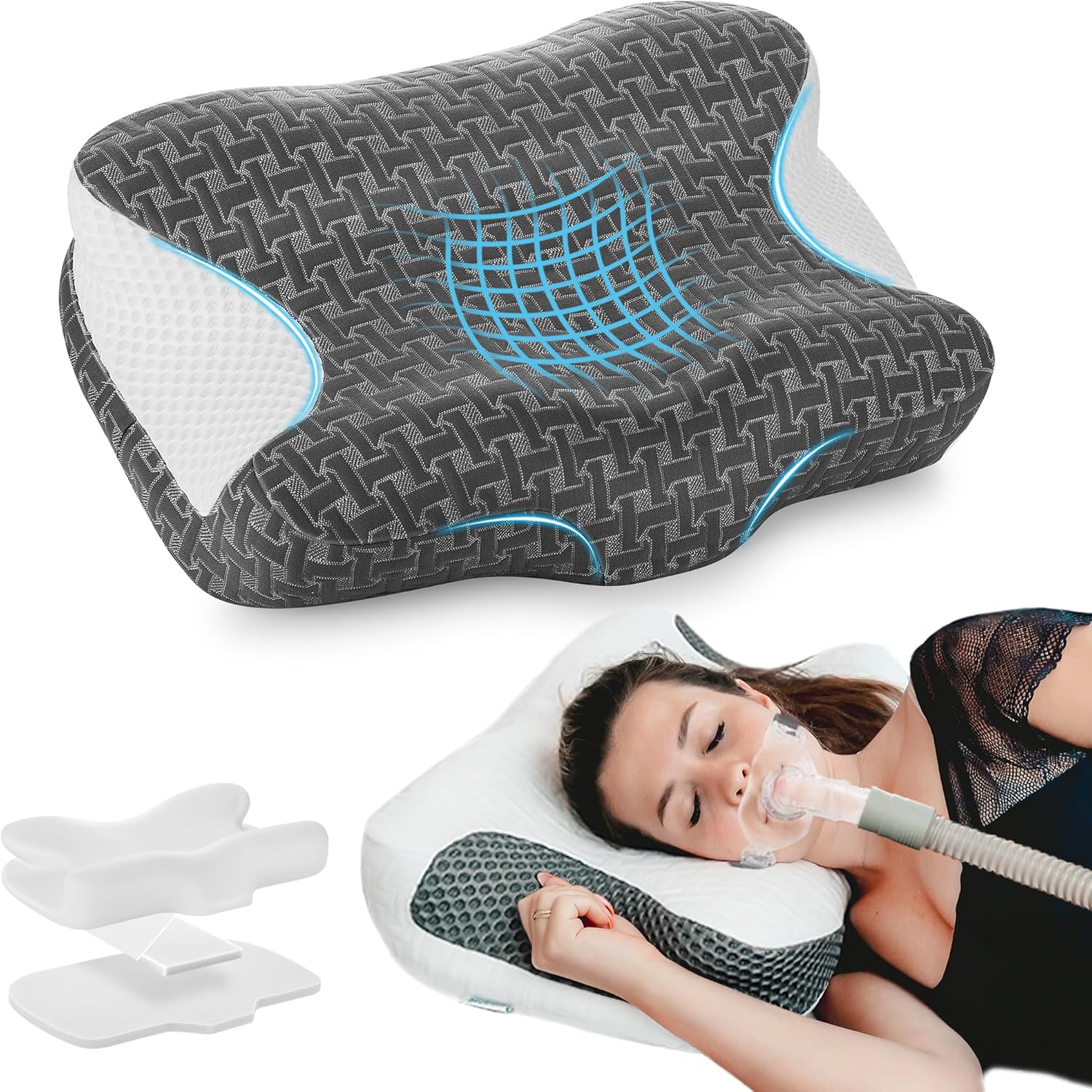 Elviros CPAP-Kissen aus Memory-Schaum für Seitenschläfer, ergonomisches, höhen- und härteverstellbares Nackenkissen für CPAP-Benutzer, kompatibel mit verschiedenen Masken, Seiten- und Rückenschläfern