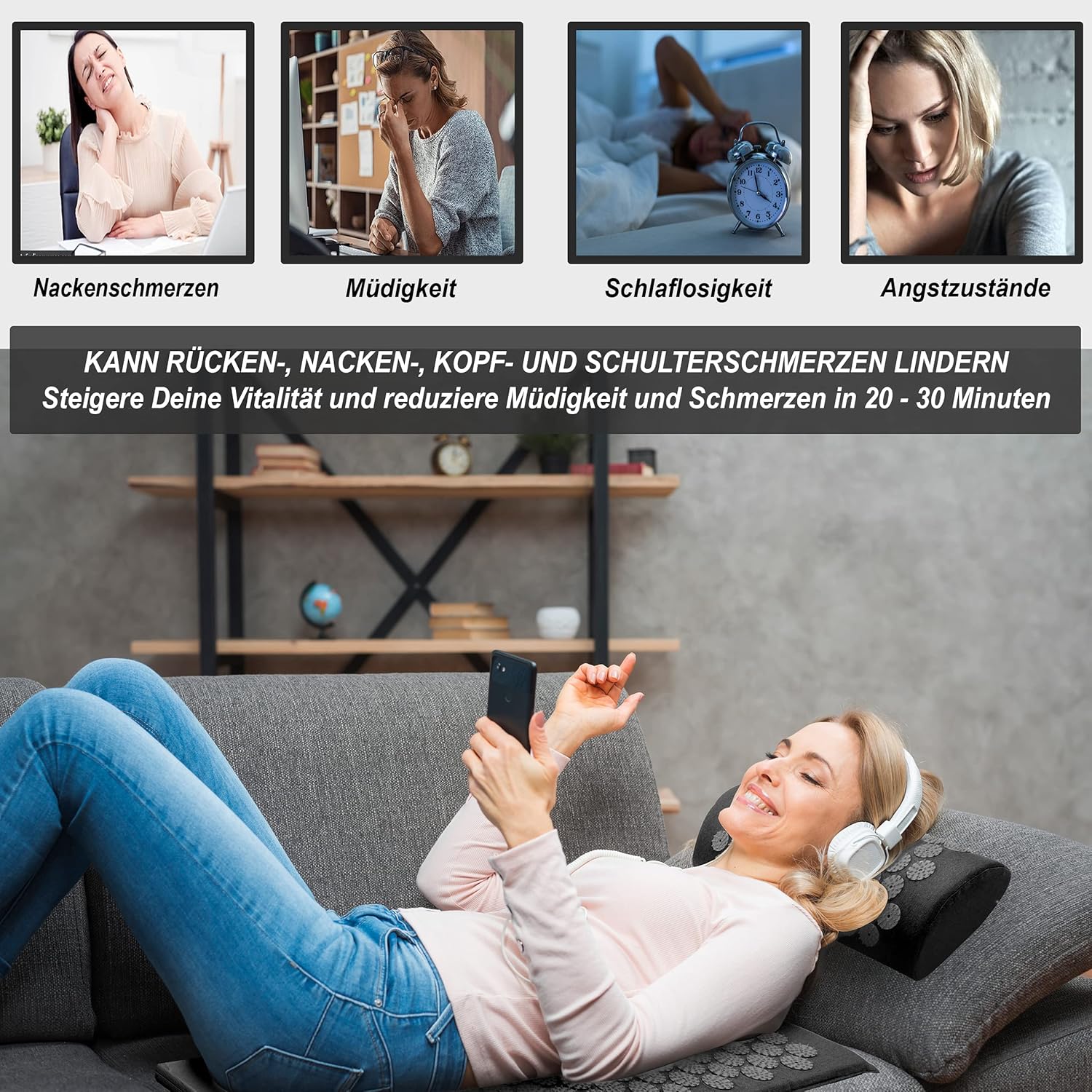 Akupressurmatte mit Kissen, Akupressur-Set mit Nackenkissen zur Entspannung, Massagematte mit Tragegriffen, Schwarz – Bild 4