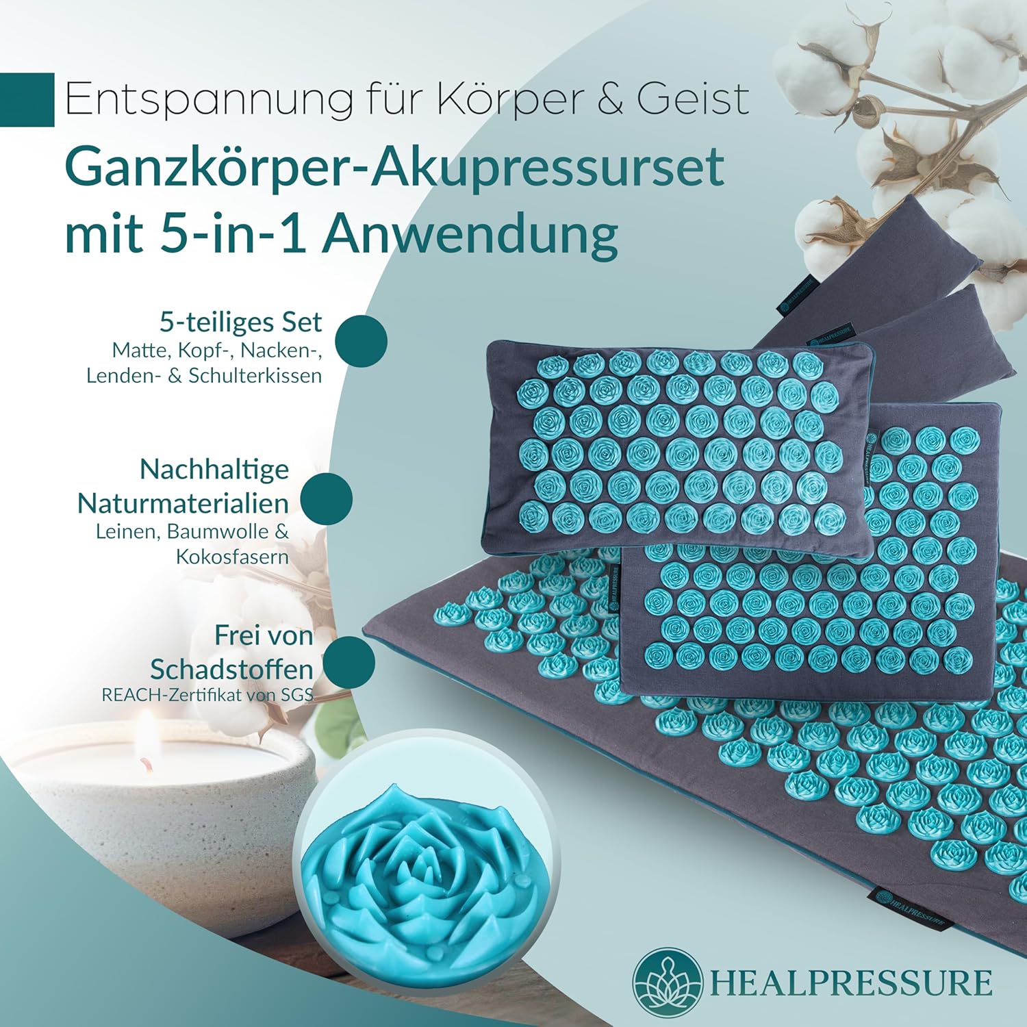 Akupressurmatten-Set, 5-teiliges Entspannungsset aus Naturmaterialien für Rücken, Nacken, Füße, Akupressurmatte mit 700 Spitzen mit Tragetasche, waschbare Bezüge, Wellness für Zuhause – Bild 7