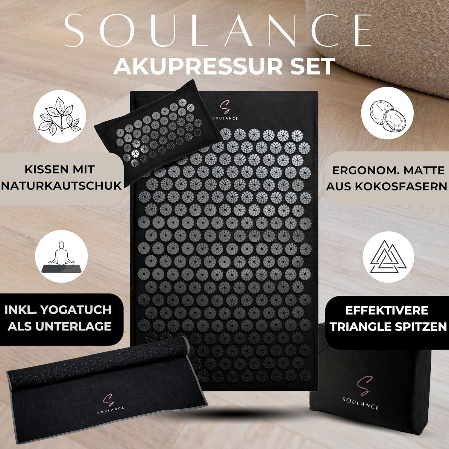 SOULANCE Akupressurmatte mit Kissen – 5-in-1-Premium-Set (inklusive Yogatuch) & Tragetasche, Kokosfaserfüllung – Massagematte, Akupunkturmatte gegen Nacken- und Rückenschmerzen – Bild 2