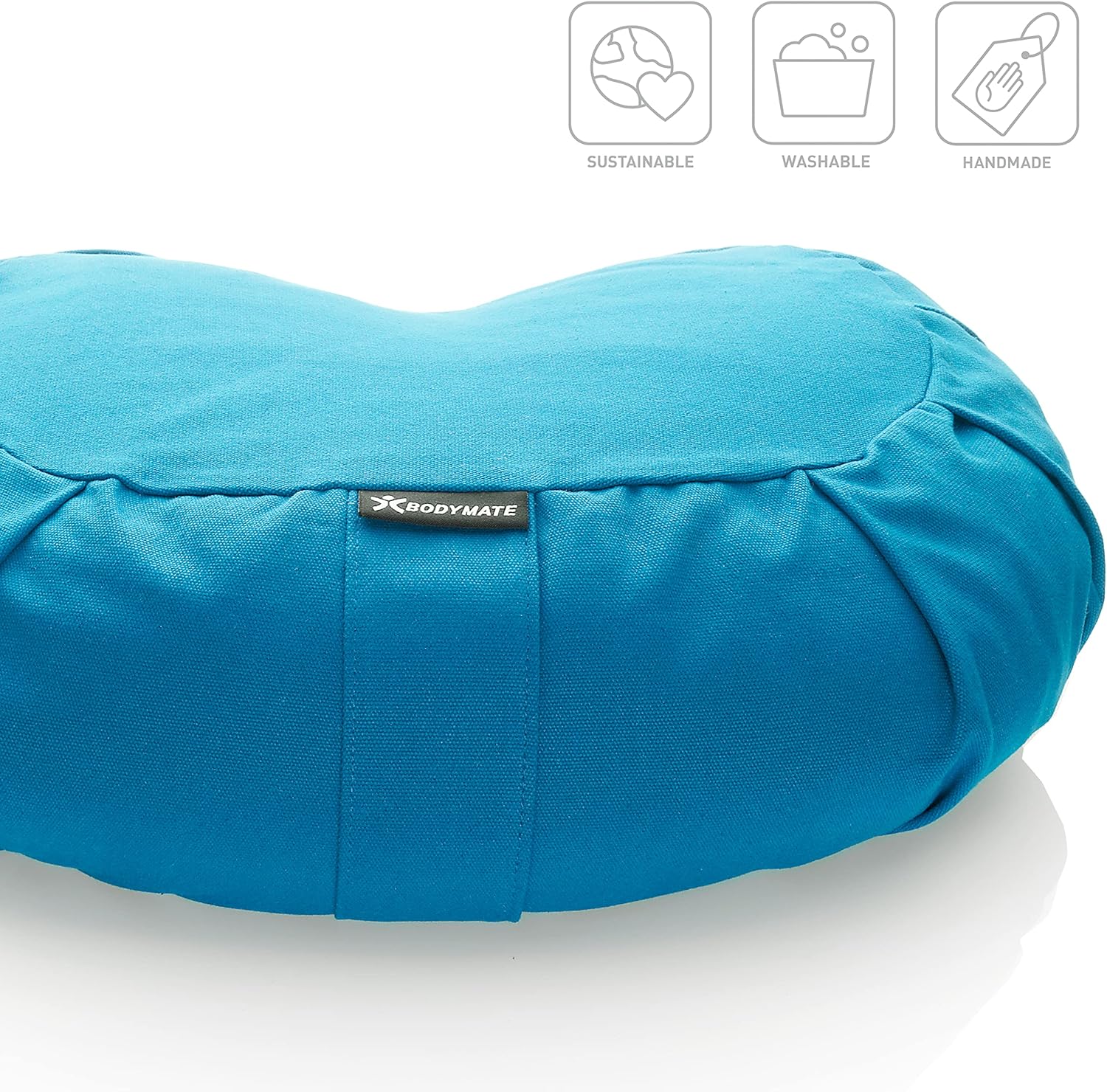 BODYMATE Halbmond-Yogakissen 42 cm lang, 30 cm breit und 15 cm hoch mit Buchweizenschalenfüllung – maschinenwaschbarer Bezug aus 100 % extra dicker Baumwolle – Meditationskissen – Sitzkissen – Bild 2