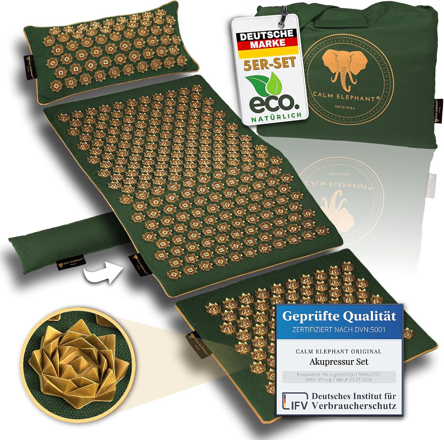 CALM ELEPHANT ORIGINAL Akupressurmatte mit Kissen XXL-Set, echte 5-teilige Massagematte, Rückenverspannungen lindern, Akupunkturmatte, Kissen mit Wärmefunktion, Lendenkissen, Fußmatte und Tasche, grün