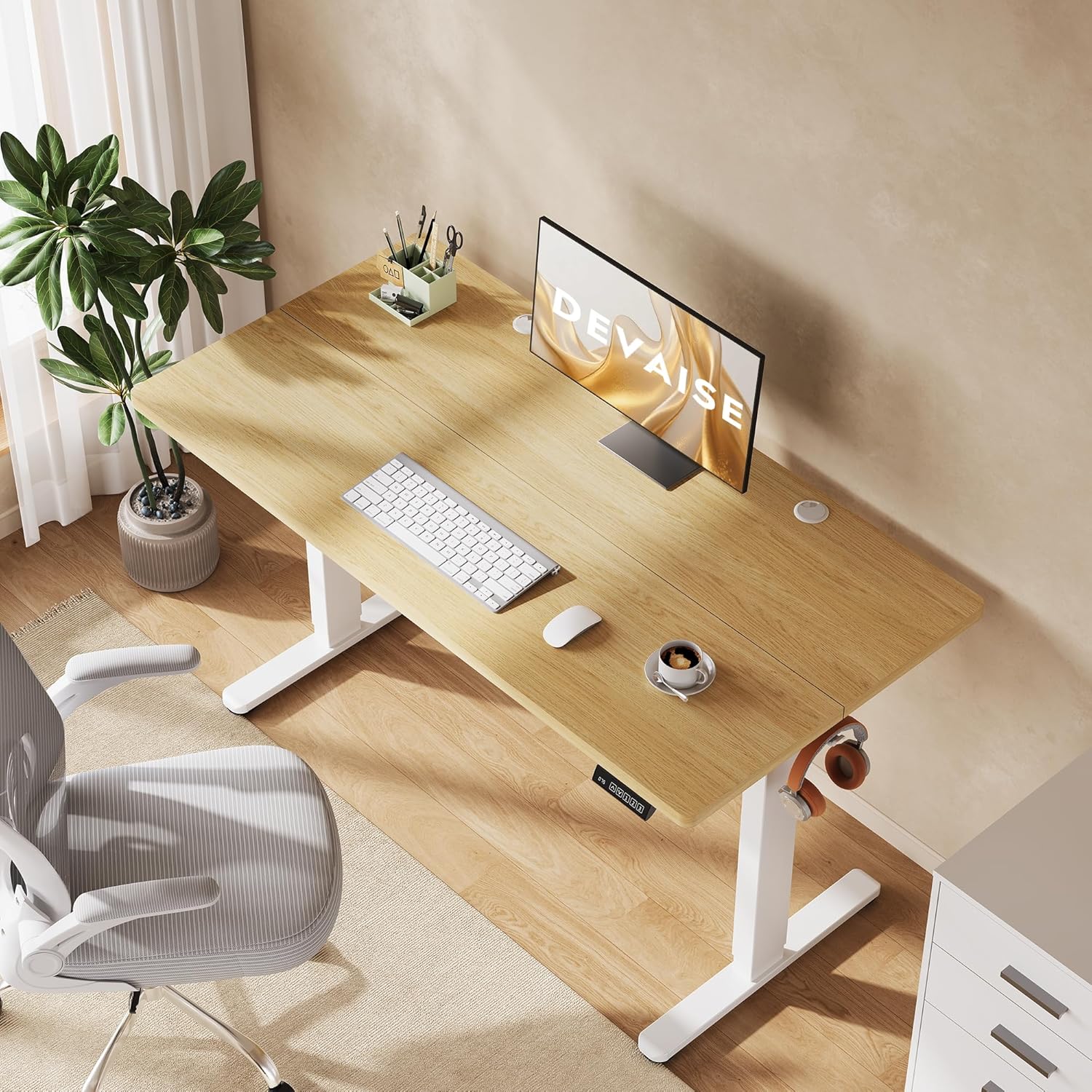 DEVAISE Höhenverstellbarer Schreibtisch, 140 x 70 cm, mit leisem Motor und Memory-Funktion für 3 Höhen, Sitz-Steh-Schreibtisch, Höhenverstellung 72-118 cm, ergonomischer Computertisch für Büro, Farbe Eiche – Bild 2