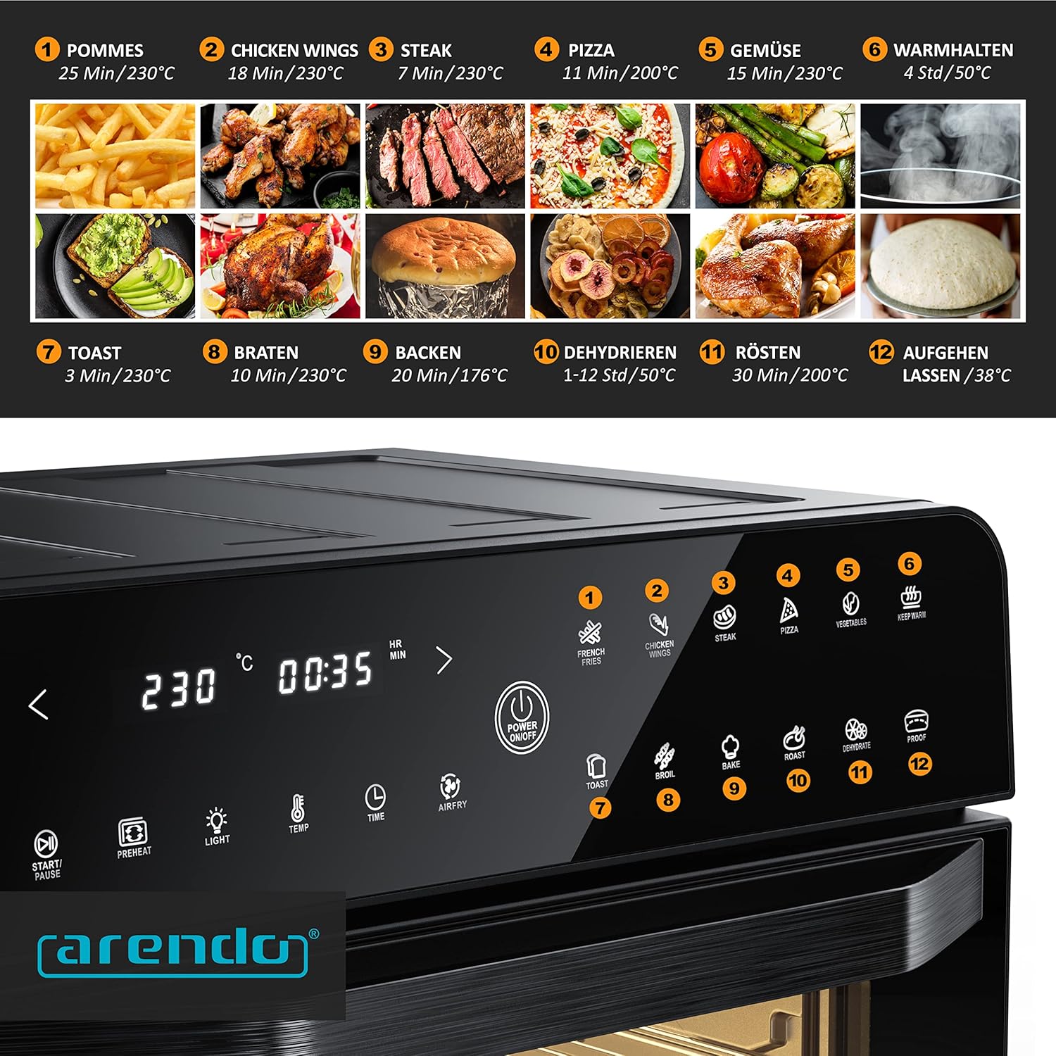 Arendo – Heißluftfritteuse 25 Liter aus Edelstahl – Multifunktionsofen – Mini-Ofen – Aerofryer – 1800 Watt – inklusive Backblech, Trockenblech, Ofenrost, Frittierkorb – BPA-frei – Bild 4