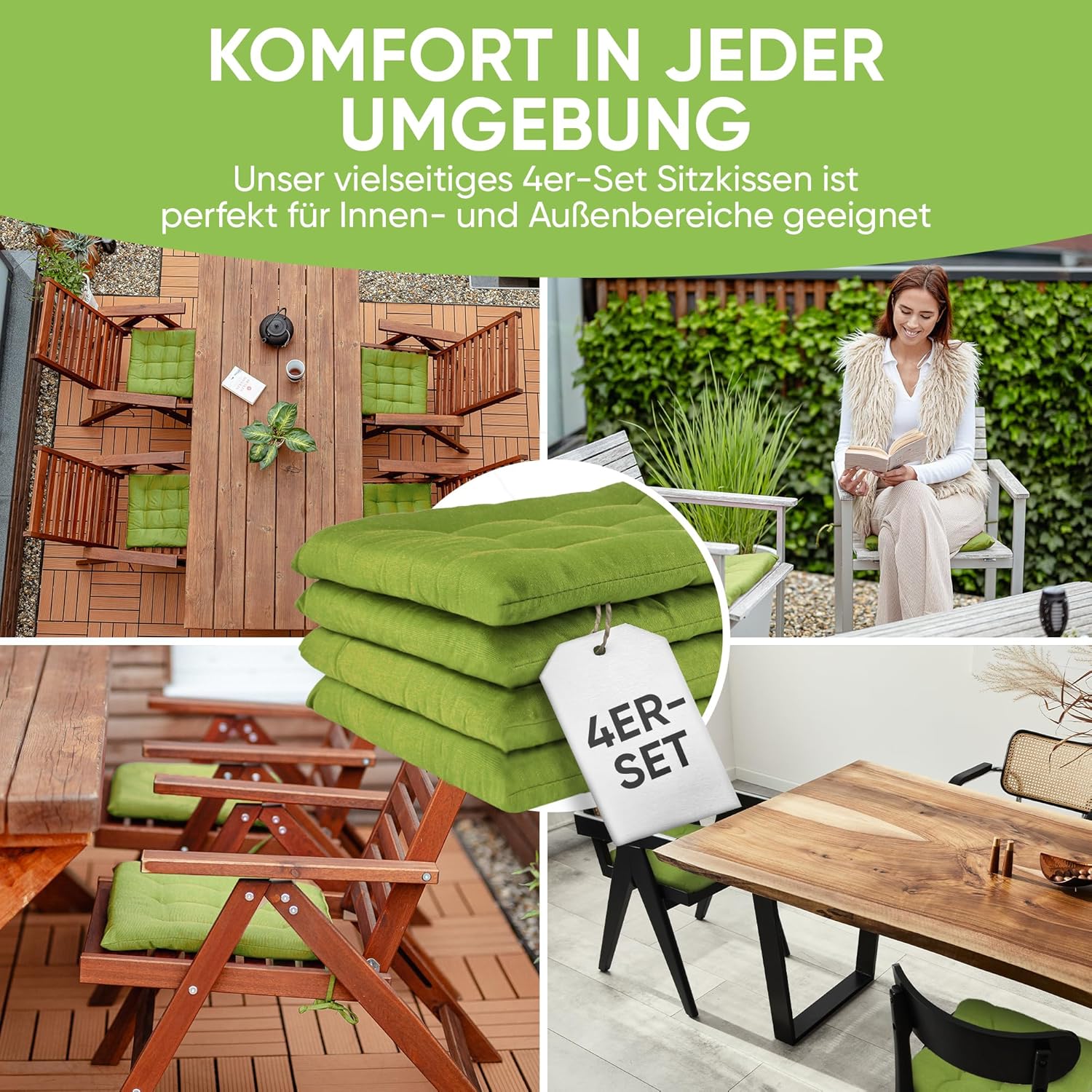 Gräfenstayn®, 4er-Set Sitzkissen, 40 x 40 x 3 cm, mit Bändern, für den Innen- und Außenbereich, mit Öko-Tex-Siegel – Bild 4