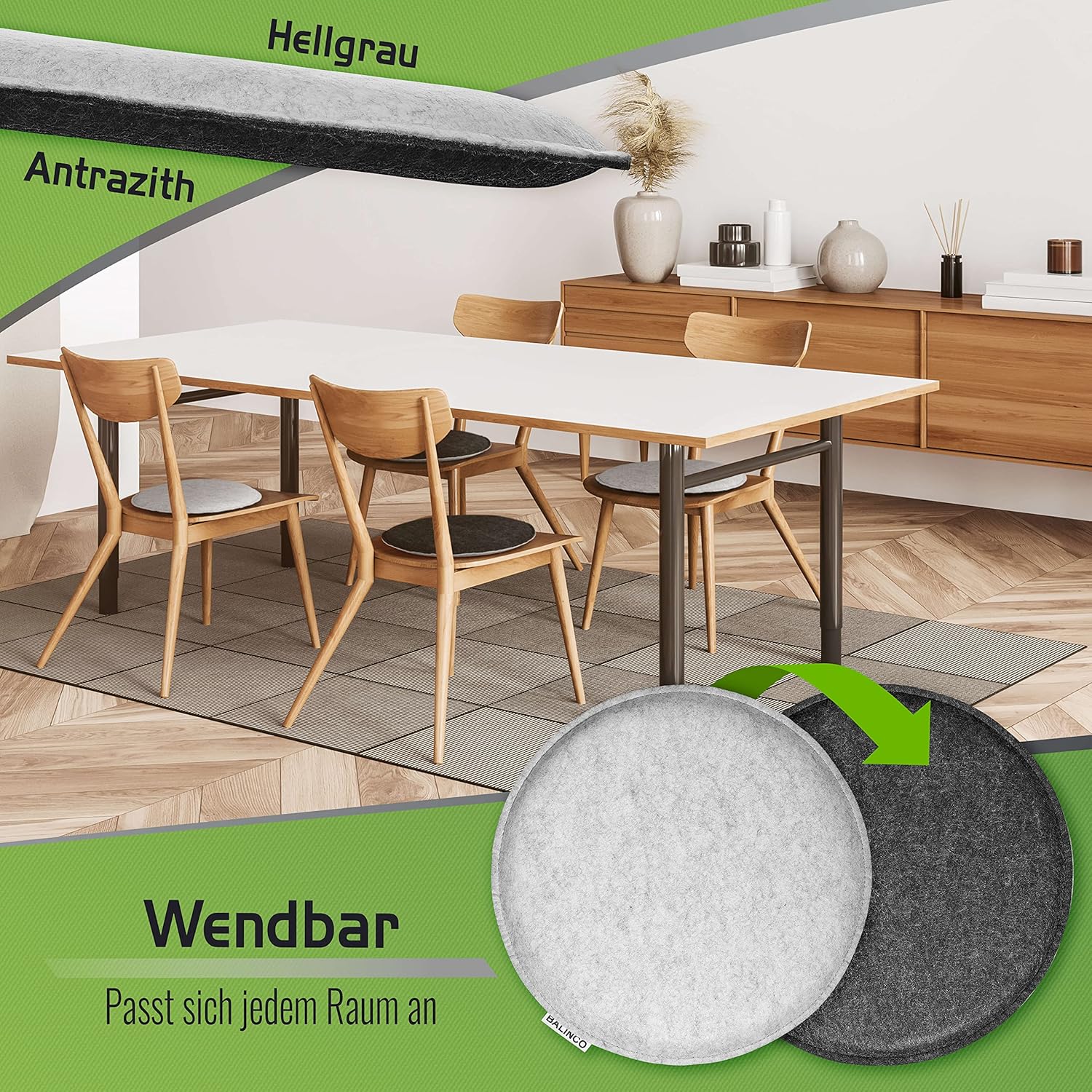 Balinco Runde Sitzkissen, 4er-Set, Stuhlkissen aus Filz, zweifarbig Anthrazit & Hellgrau, waschbare Filzkissen für Esszimmer, Gartenstuhl, Hocker & Bank – Bild 7
