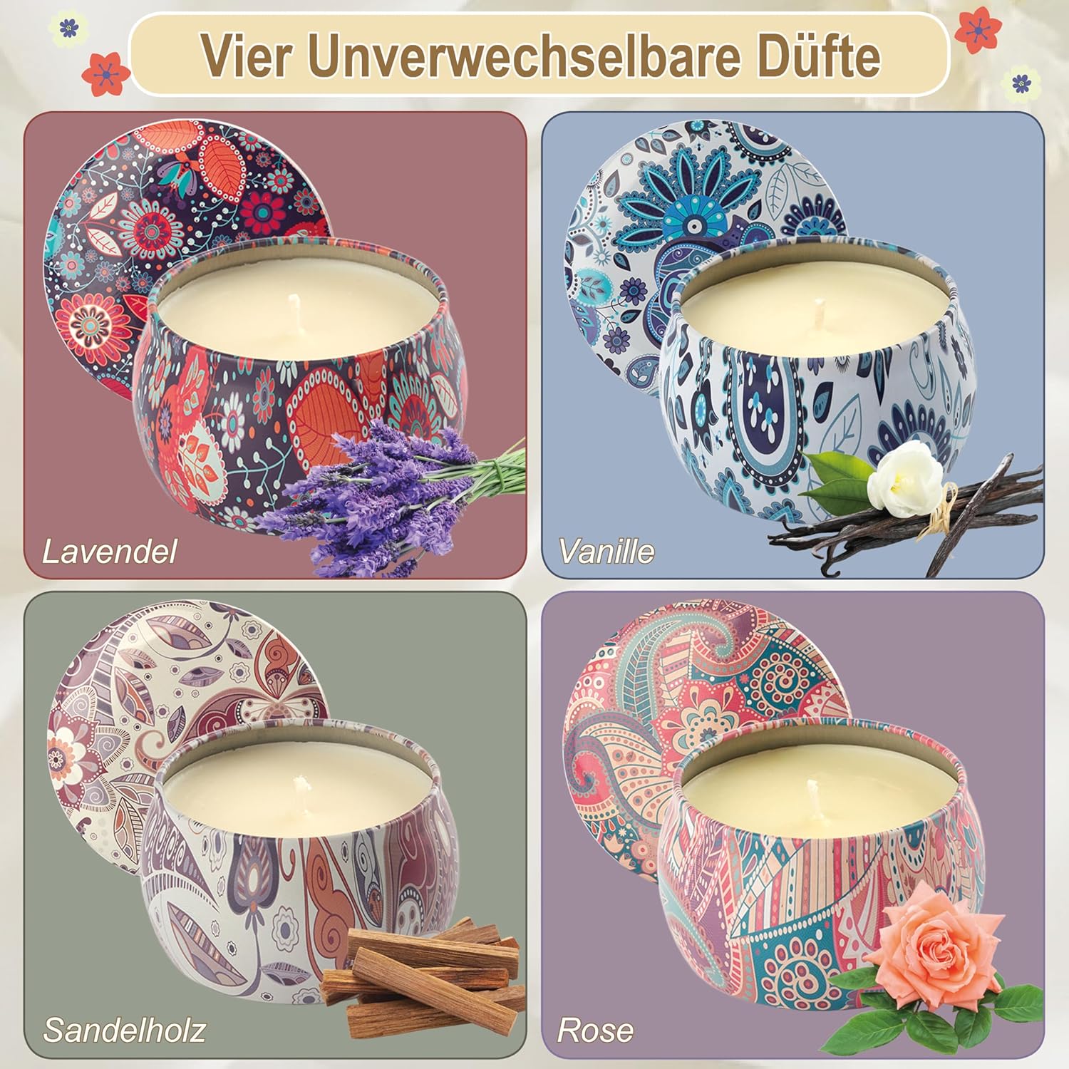 Duftkerzen-Geschenkset, Duftkerzen-Set – Geschenke, Kerze, Geschenkkerzen-Set, Weihnachten, kleine Weihnachtsgeschenke, Kerzen in Dosen mit Deckel für Frauen, Damen, Kollegen, Geschenk, 4 Stück – Bild 2