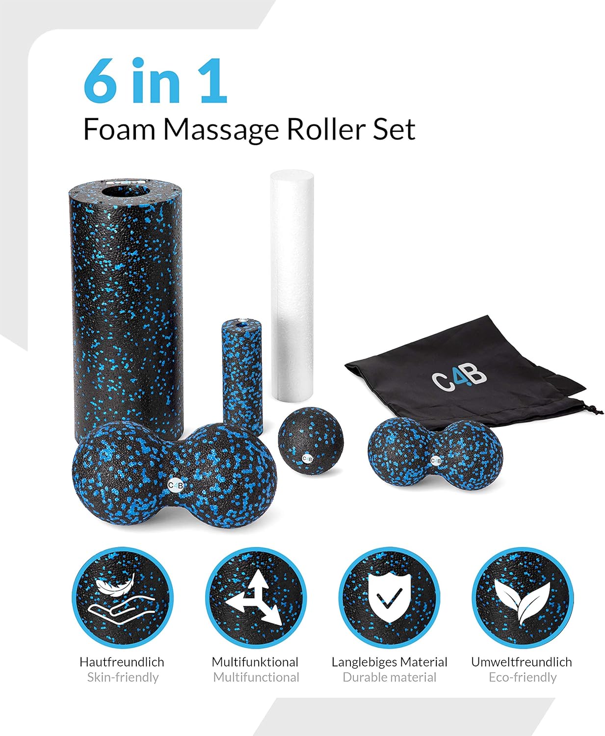 c4b Faszienrolle aus EPP | Mittelharte Schaumstoffrolle | 7-teiliges Set | Massagerollen & Faszienbälle | Faszienrolle für effektives Faszientraining | Inklusive Nylon-Turnbeutel | Zurück rollen – Bild 2