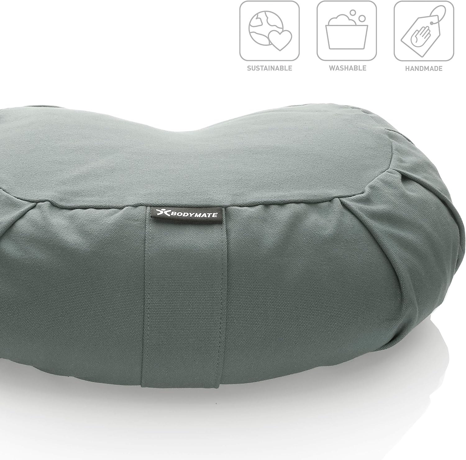 BODYMATE Halbmond-Yogakissen 42 cm lang, 30 cm breit und 15 cm hoch mit Buchweizenschalenfüllung – maschinenwaschbarer Bezug aus 100 % extra dicker Baumwolle – Meditationskissen – Sitzkissen – Bild 2