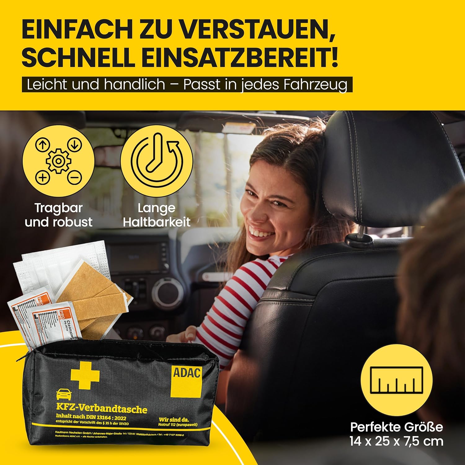 ADAC Erste-Hilfe-Set – Kfz-Verbandkasten 2025 StVZO-konform – Praktisches Erste-Hilfe-Set KFZ nach DIN 13164:2022 – Notfalltasche für PKW & LKW mit Masken – Kompakt & platzsparend – Bild 6