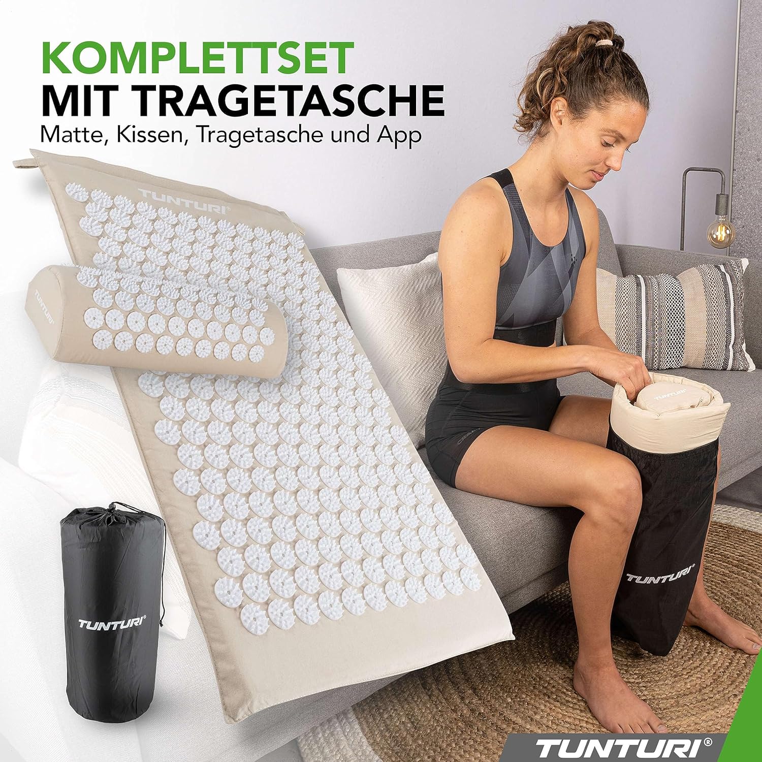 Tunturi Akupressurmatte mit Kissen – Akupunkturmatte – Stachelmatte für Rücken, Nacken, Fuß, Ganzkörper – 2-in-1-Nagelmatte, Akupressurmatte – Anti-Stress – 68 x 42 x 2 cm – Beige – Bild 5