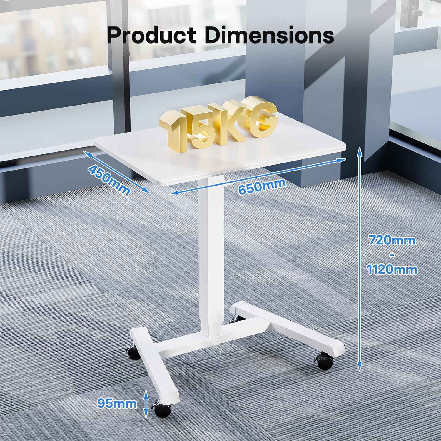 BONTEC 65 x 45 cm Stehpult, höhenverstellbarer Stehtisch mit 4 Rollen, Steh-Sitzschreibtisch mit Rollen, Überbetttisch für Wohnzimmer, Laptoptisch höhenverstellbar, max. 15 kg, weiß – Bild 2