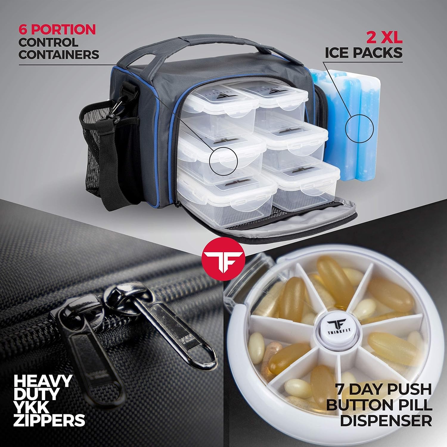Isolierte Lunchbox mit 6 Meal-Prep-Boxen – BPA-frei, wiederverwendbar, mikrowellen- und gefriergeeignet – Lunchtasche mit Shaker-Becher, Pillen-Organizer, Schultergurt und Kühlakkus – Kühltasche blau – Bild 6