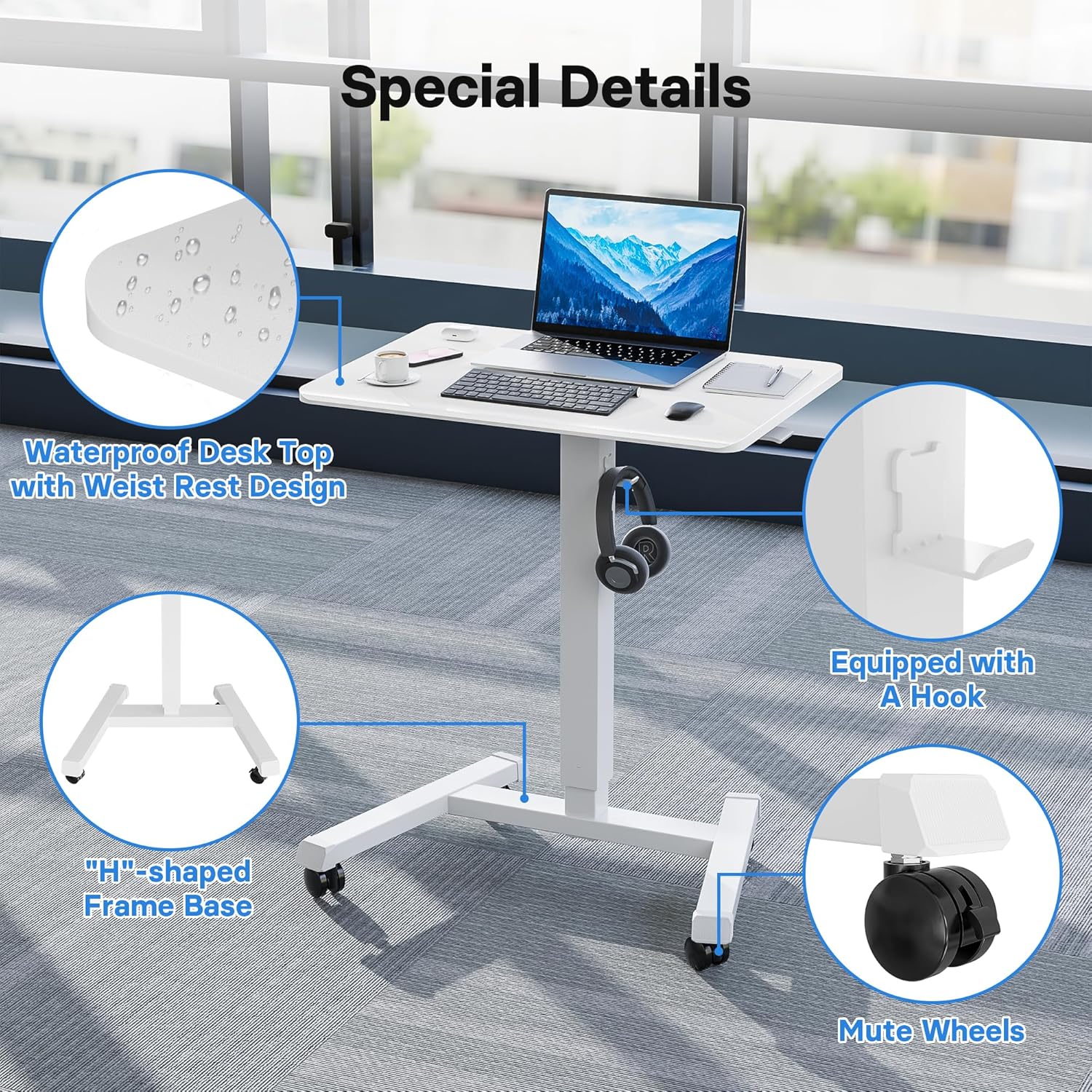 BONTEC 65 x 45 cm Stehpult, höhenverstellbarer Stehtisch mit 4 Rollen, Steh-Sitzschreibtisch mit Rollen, Überbetttisch für Wohnzimmer, Laptoptisch höhenverstellbar, max. 15 kg, weiß – Bild 5