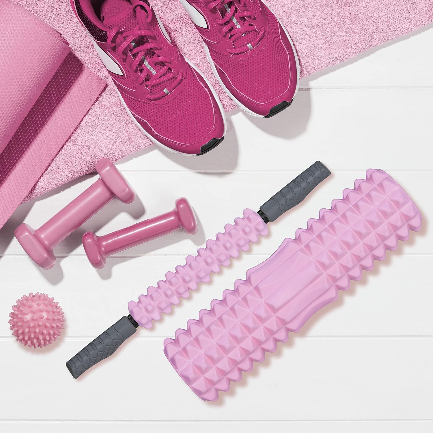 Relaxdays Faszienrolle, 3er-Set, Massagerolle, Faszienstab, Igelball, mittelhart, mit Noppen, Nacken, Rücken, Beine, rosa – Bild 2