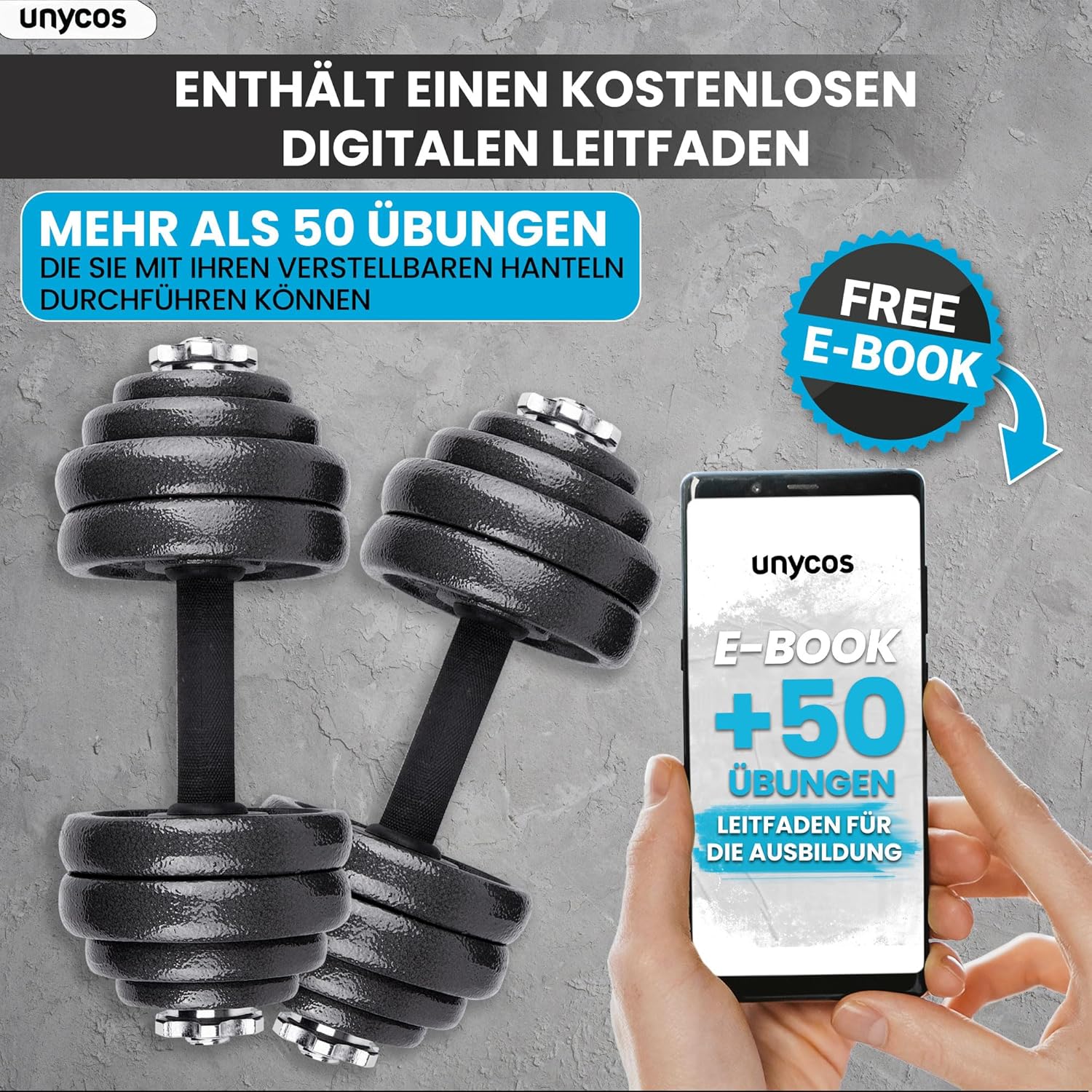 unycos – 2-in-1-Hanteln und Langhantel, verstellbar (15–50 kg), mit Übungs-E-Book, Gewichtsset mit Verbindungsstange und Eisenplatten, Aufbewahrungskoffer, Heim-Fitnessstudio (Eisentransformator) – Bild 7