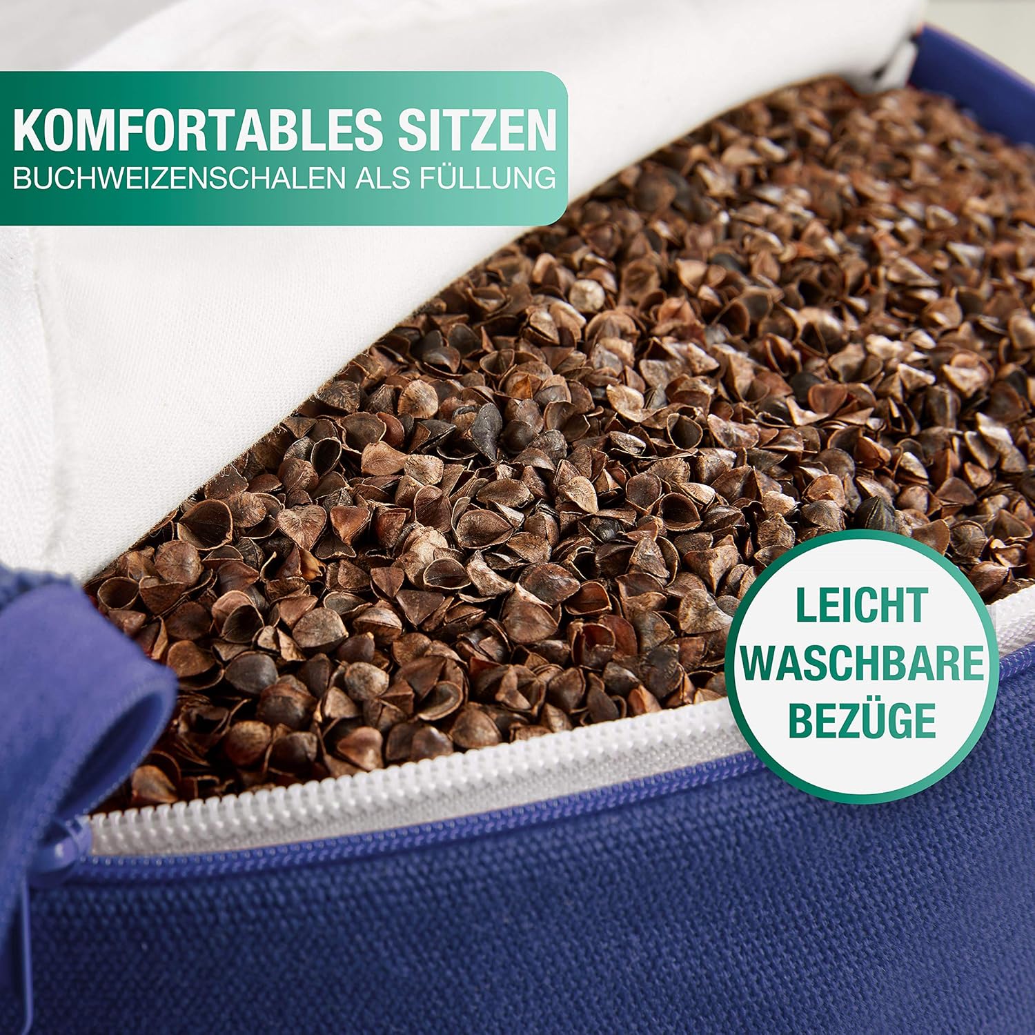 NAJATO Sports Meditationskissen – mit Yogagurt und E-Book – Yogakissen mit Buchweizenschalenfüllung – rundes Yogakissen mit waschbarem Baumwollbezug, blau – Bild 3