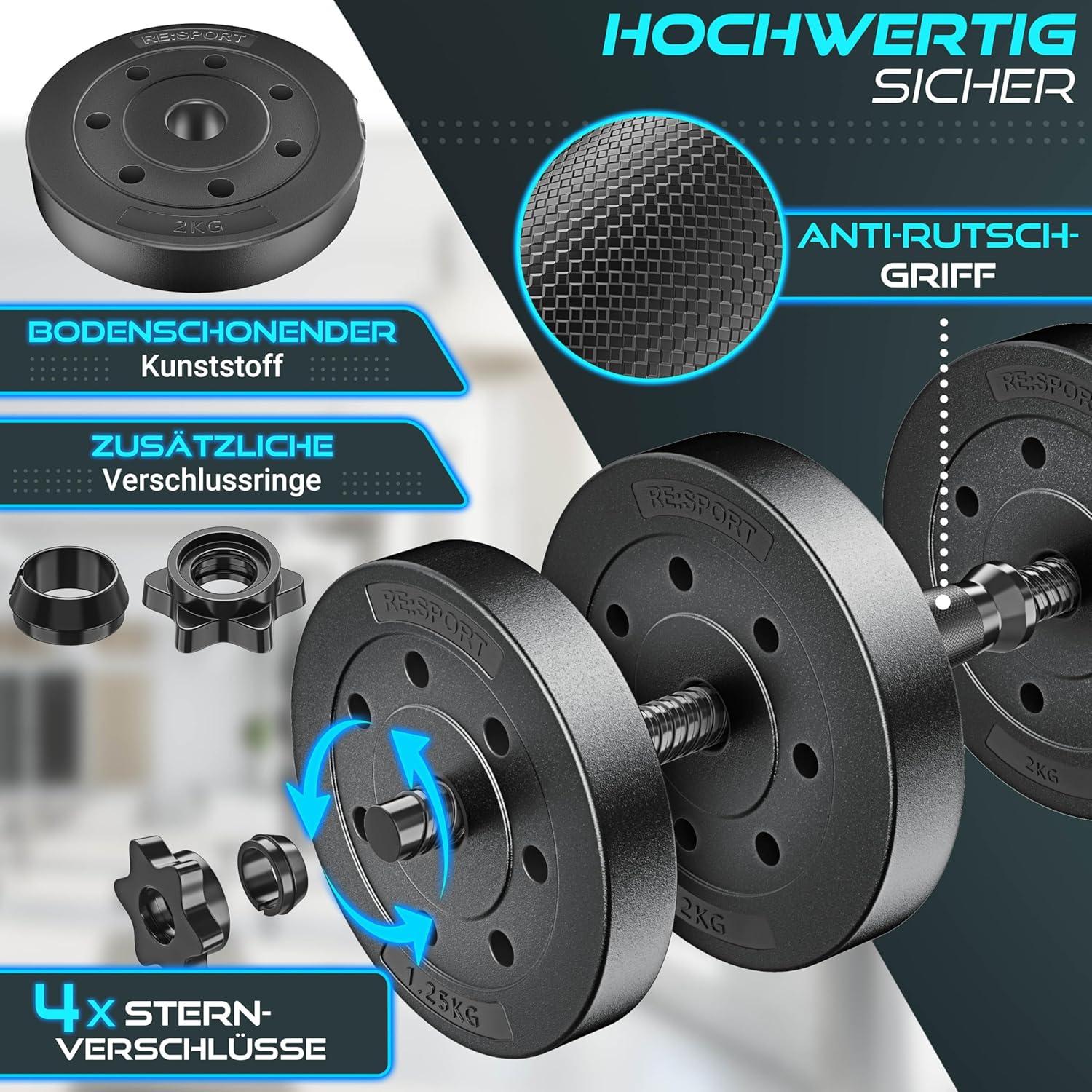 RE:SPORT 2er-Set verstellbare Kurzhanteln 15/20/30/40 kg | Hantelset mit 2 Hanteln | Hantel mit Gewichten und 4 Spinlock-Kragen | Fitness-Hantel für Muskelaufbau, Training und Zuhause – Bild 3