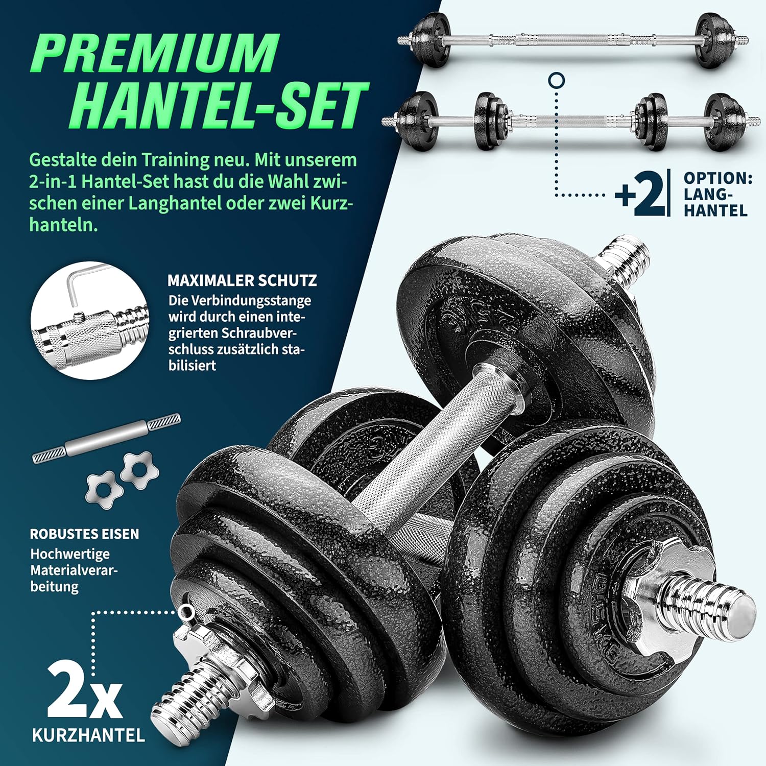 RE:SPORT 2 in 1 Hantelset 15-60 kg | Hantelset Gusseisen verstellbar | Kurzhantel und Langhantel | Spinlock-Kragen und Verbindungsrohr – Bild 2
