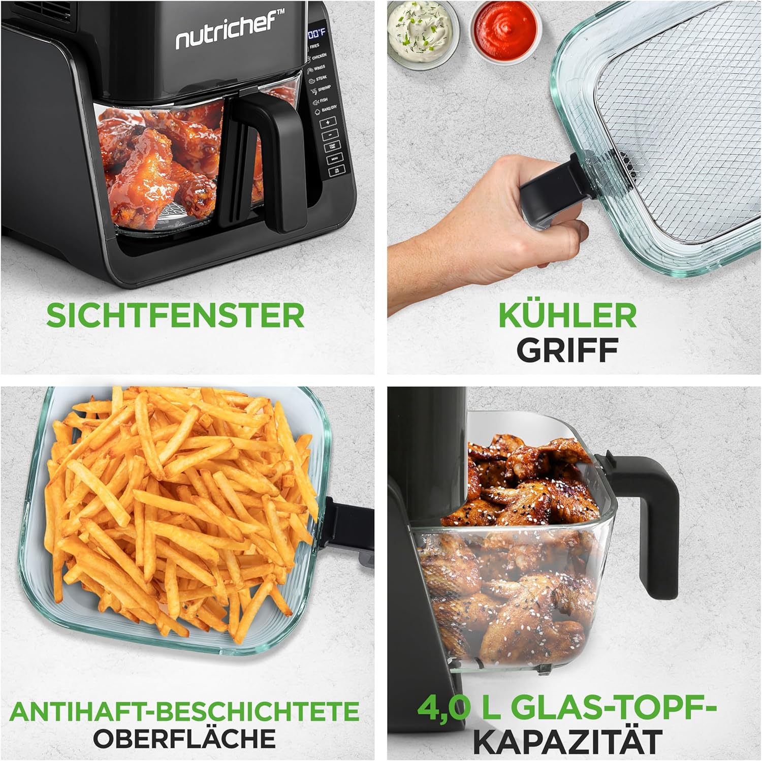 NutriChef Heißluftfritteuse 4L mit Grillfunktion 1500W Schwarz – Airfryer ohne Öl mit Sichtfenster, 7 Programmen, Glasbehälter für Familien & vielseitiges Kochen – Bild 5