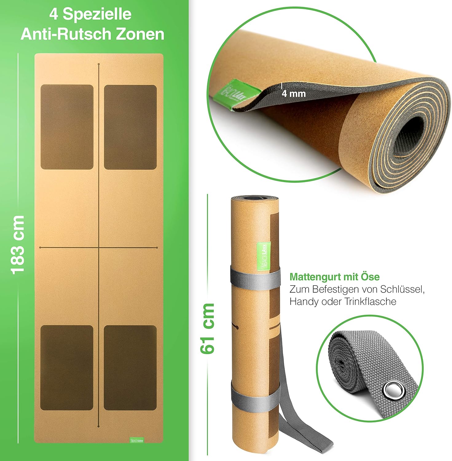 BACKLAXX ® Yogamatte Kork mit Naturkautschuk – FAZ-Testsieger 08/2024 – Yogamatte nachhaltig, schadstofffrei, Yogamatte rutschfest, Fitnessmatte mit Anti-Rutsch-Zonen inklusive Tragegurt, Gymnastikmatte – Bild 3