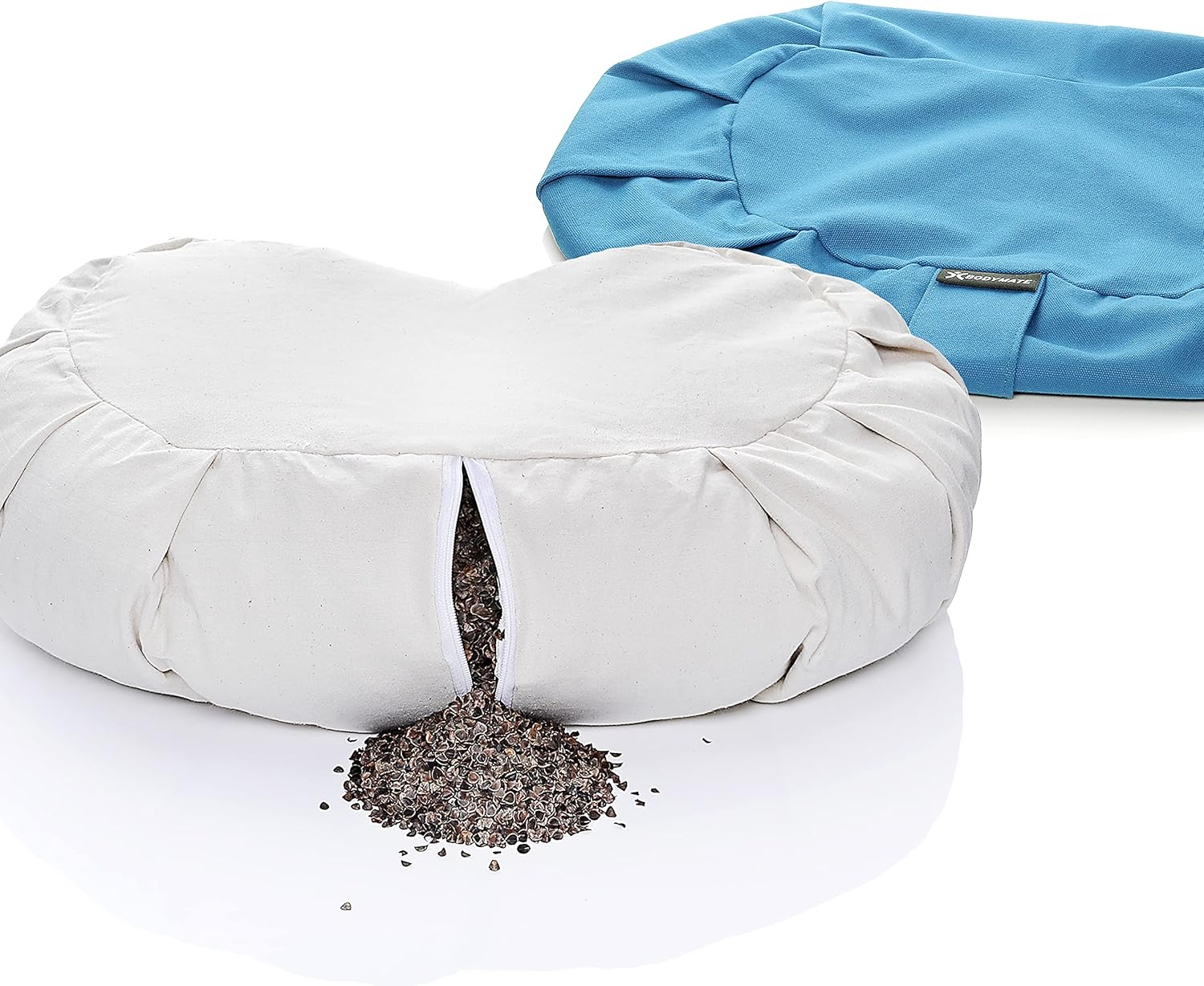 BODYMATE Halbmond-Yogakissen 42 cm lang, 30 cm breit und 15 cm hoch mit Buchweizenschalenfüllung – maschinenwaschbarer Bezug aus 100 % extra dicker Baumwolle – Meditationskissen – Sitzkissen – Bild 6