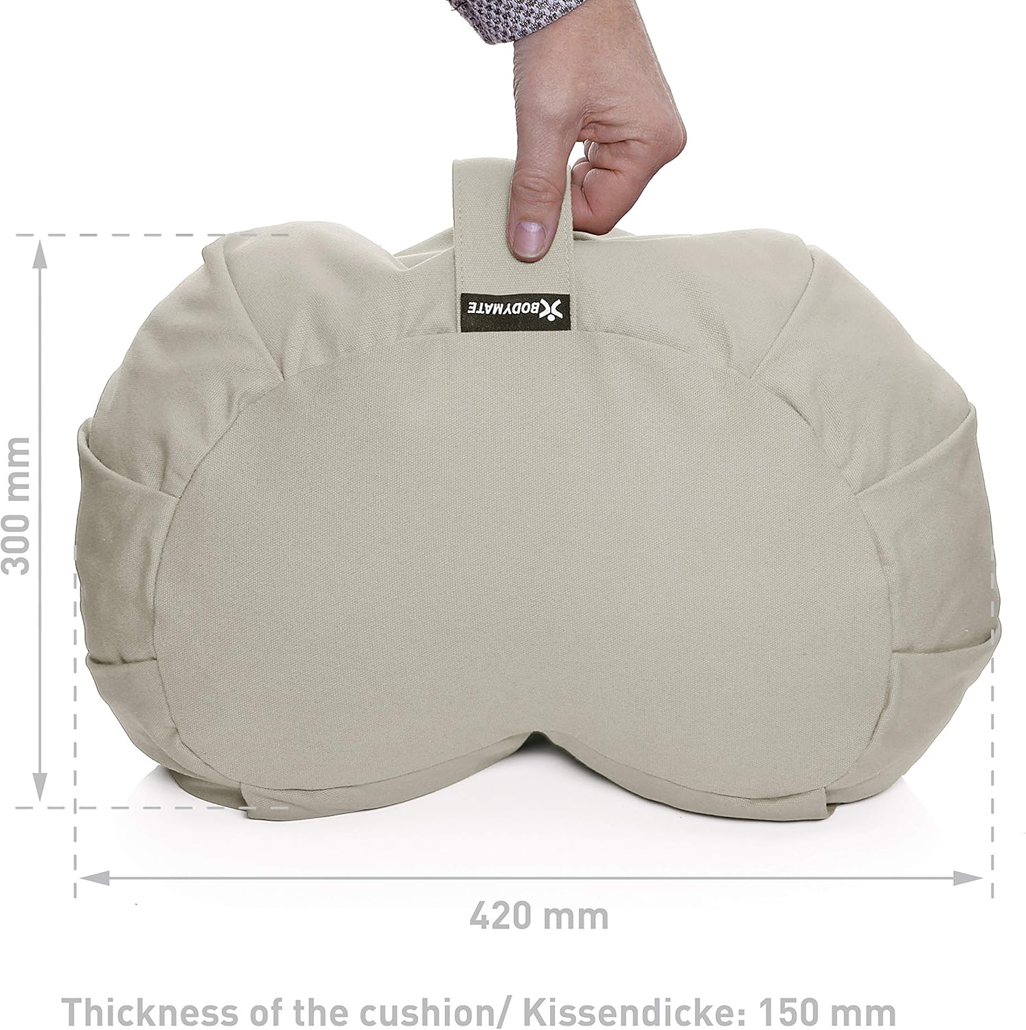 BODYMATE Halbmond-Yogakissen 42 cm lang, 30 cm breit und 15 cm hoch mit Buchweizenschalenfüllung – maschinenwaschbarer Bezug aus 100 % extra dicker Baumwolle – Meditationskissen – Sitzkissen – Bild 3