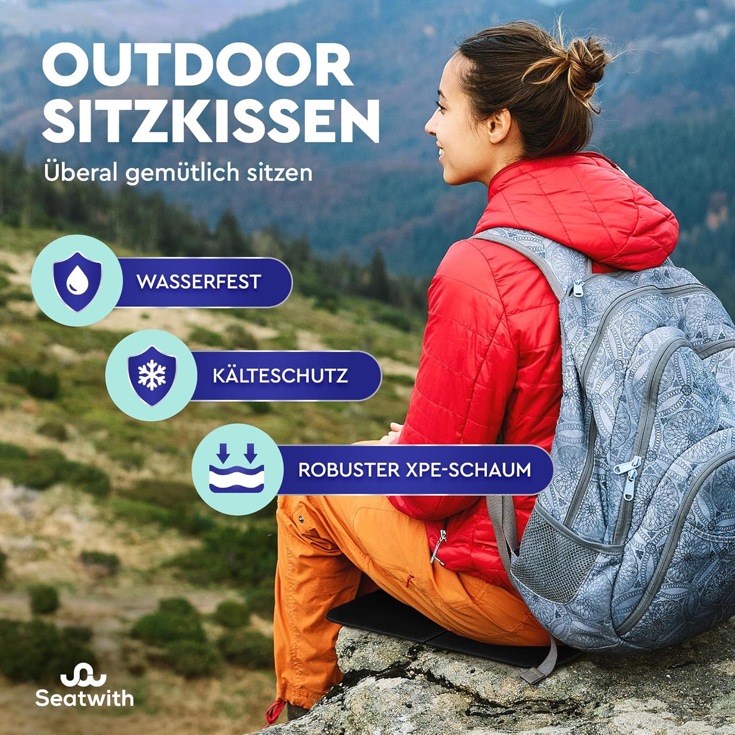 2er-Set Sitzmatten/Faltbares, isoliertes Thermo-Sitzkissen mit Tragetasche und Karabinerhaken zur idealen Befestigung am Rucksack, maximaler Schutz vor Kälte, Feuchtigkeit und Schmutz + Outdoor-E-Book – Bild 3