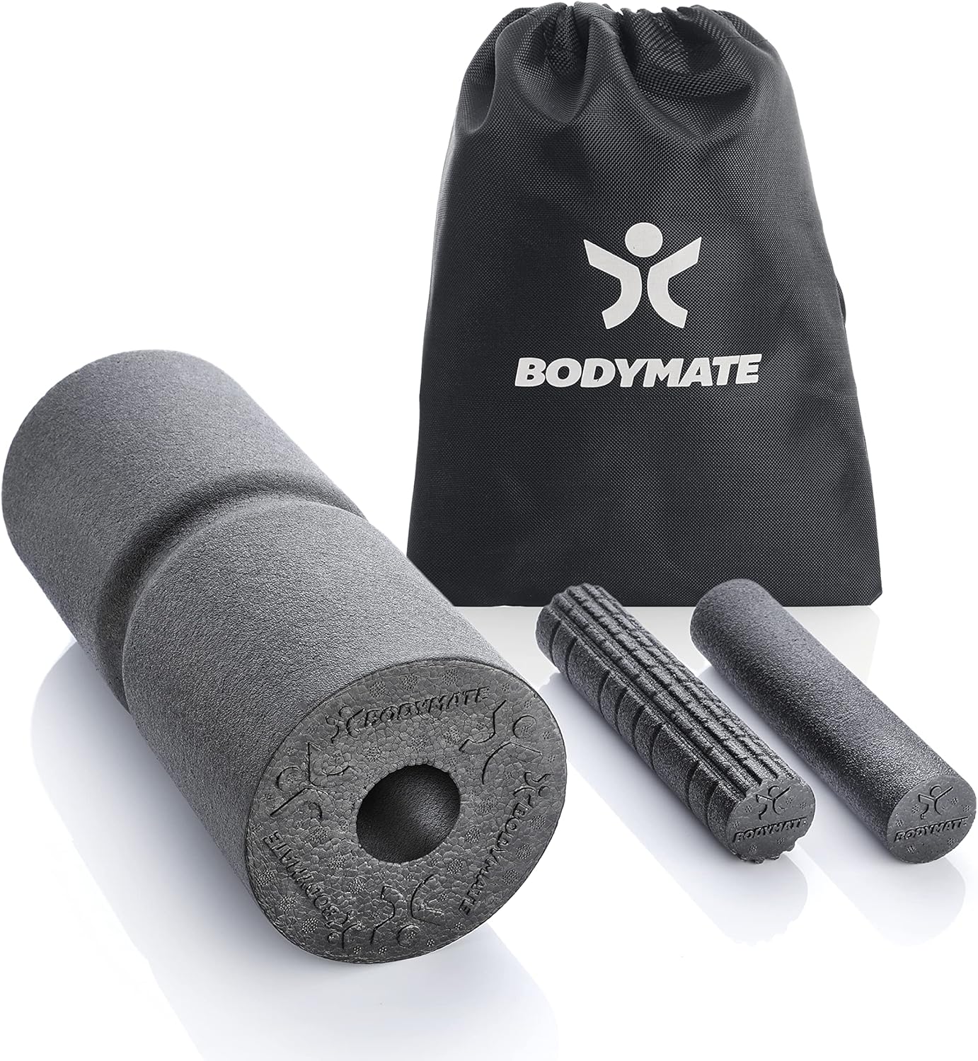 BODYMATE Care mit Core-Faszien-Set bestehend aus Faszien-Pflegerolle 35 x 14 cm mittelhart mit umlaufender Rille, zwei kleinen Rädchen mit glatter und genoppter Oberfläche 20 x 4,5 cm schwarz mit E-Book