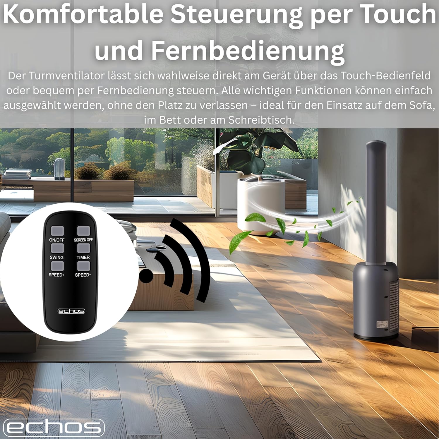 Echos Turmventilator, sehr leiser Standventilator, energiesparender Standventilator mit Fernbedienung, Ventilator mit Kühlung, oszillierender 24-Stunden-Timer, Luftreiniger mit hohem Luftdurchsatz und HEPA-Filter – Bild 9