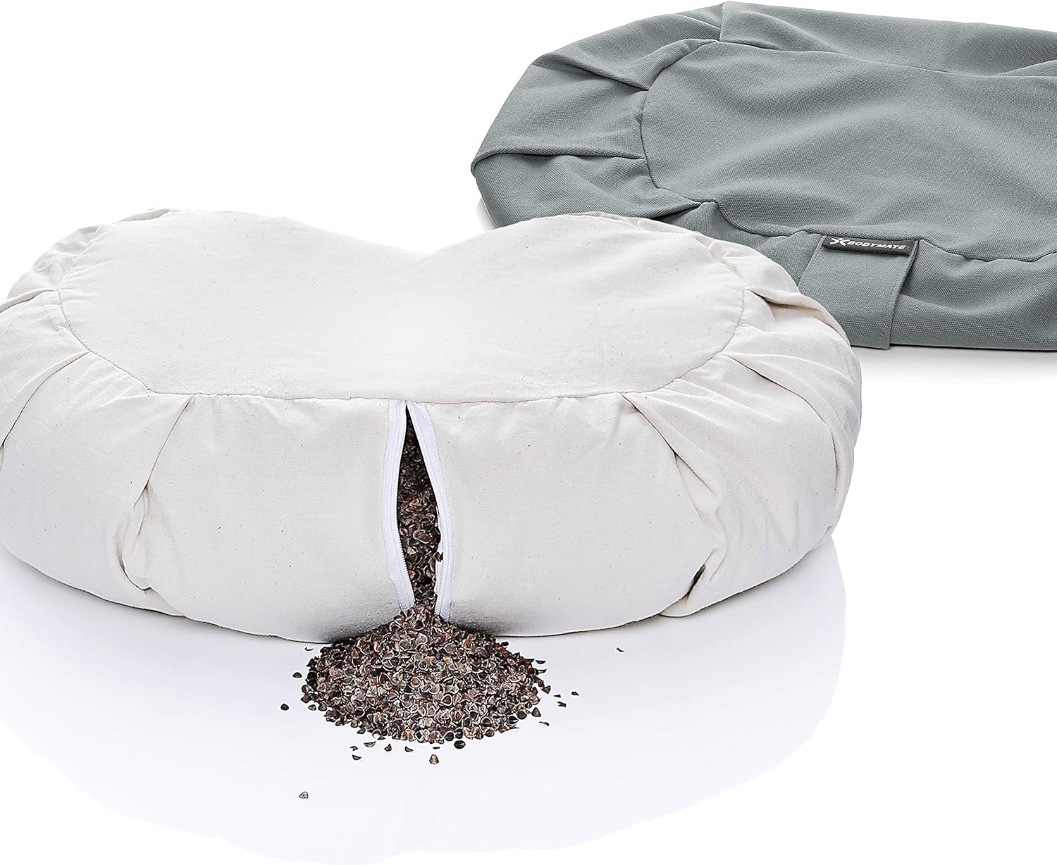 BODYMATE Halbmond-Yogakissen 42 cm lang, 30 cm breit und 15 cm hoch mit Buchweizenschalenfüllung – maschinenwaschbarer Bezug aus 100 % extra dicker Baumwolle – Meditationskissen – Sitzkissen – Bild 6