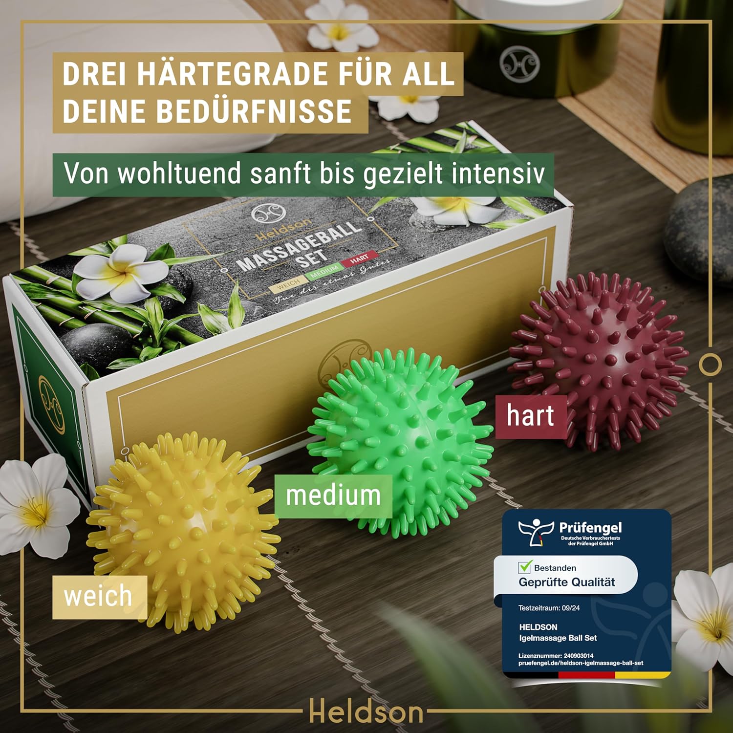 HELDSON Premium Massageball-Set (3 Härtegrade) – Igelball Fußmassage hart weich – Noppenball – Igelbälle klein – Faszienball Rücken – Massageball Faszien – Massageball Fuß – stachelige Ballnoppen – Bild 4