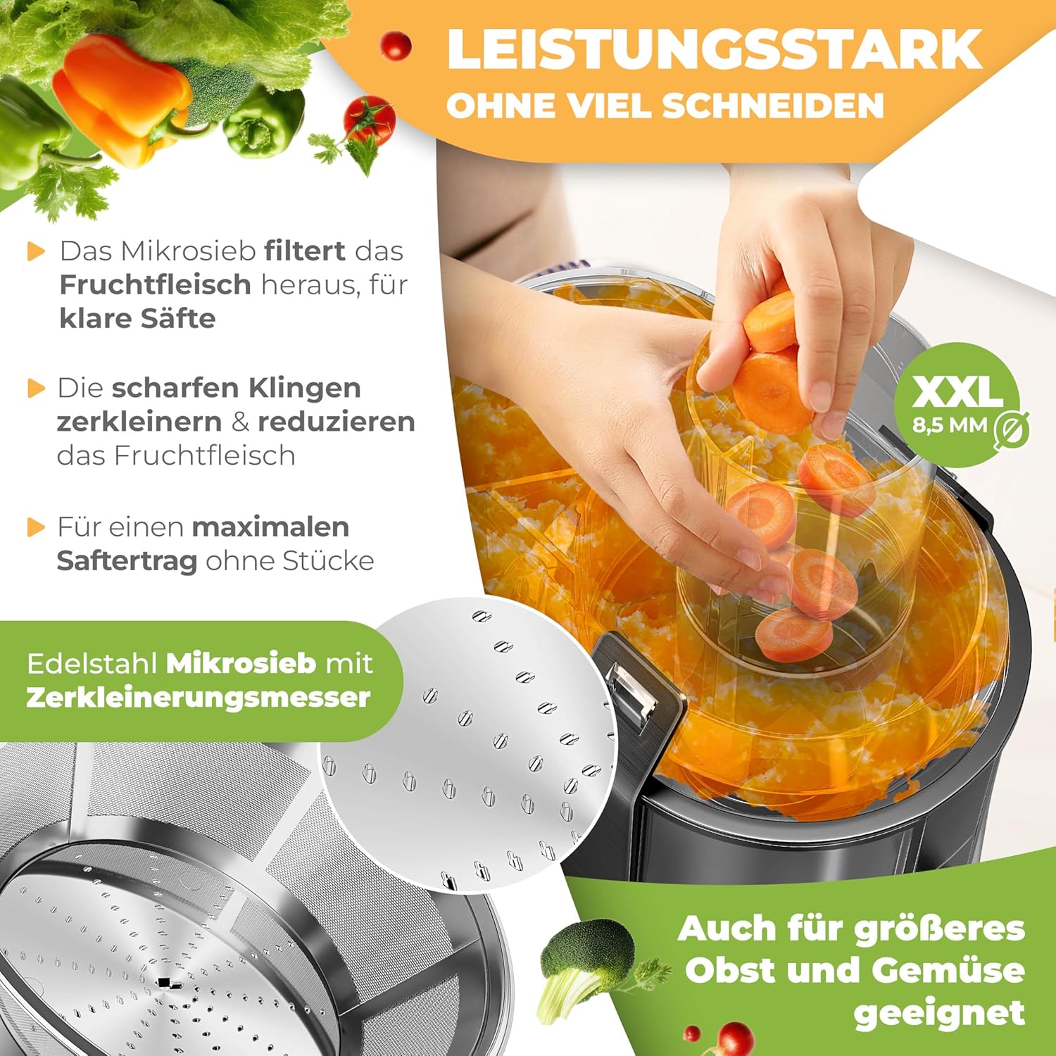 KESSER Zentrifugen-Entsafter für Obst, Gemüse aus Edelstahl, 1100 W, großes Einfüllrohr, 3 Ebenen, elektrischer Zentrifugal-Entsafter + Bürste, Saftbehälter, Rezeptbuch anthrazit – Bild 4