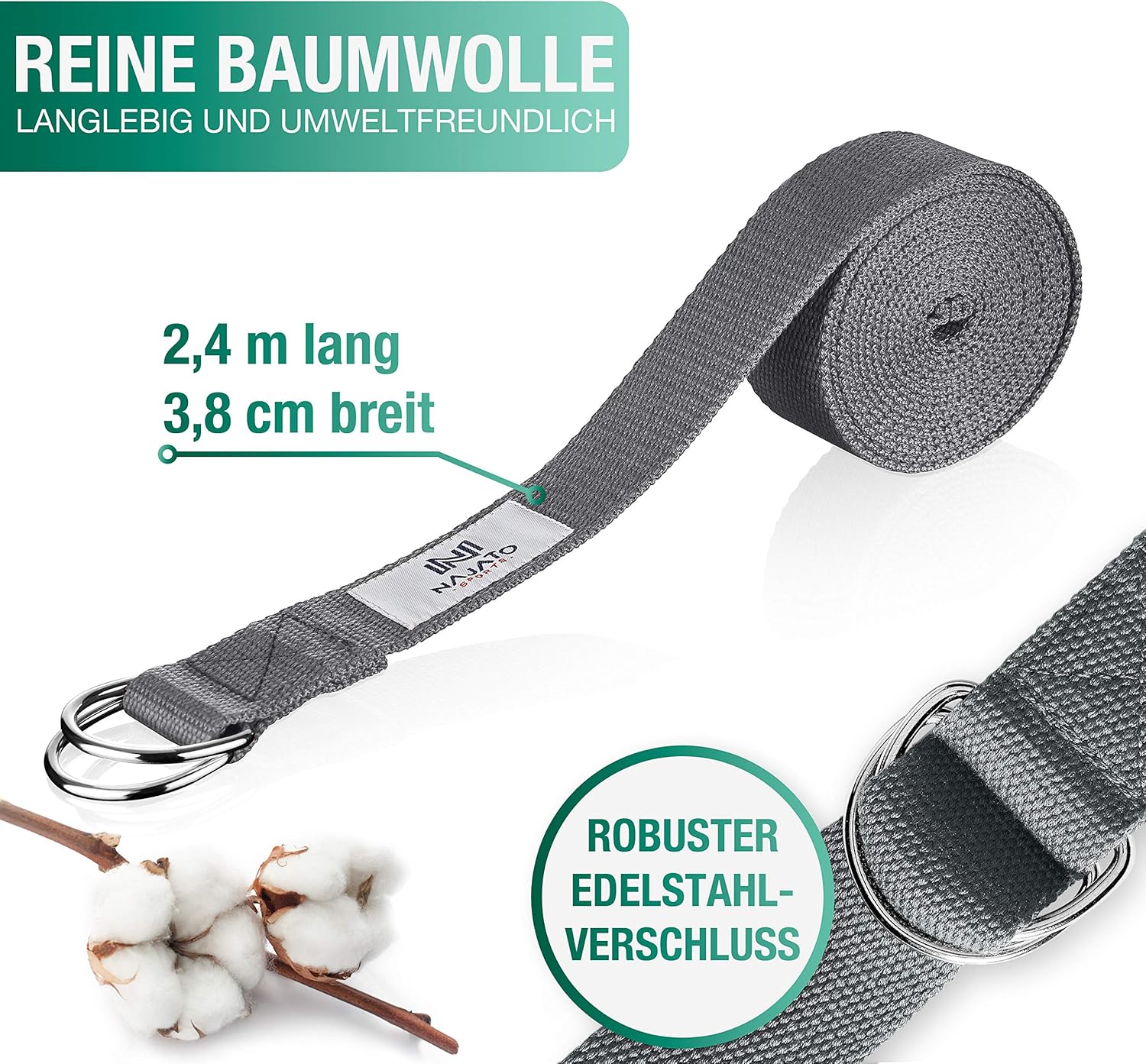 NAJATO Sports Meditationskissen – mit Yogagurt und E-Book – Yogakissen mit Buchweizenschalenfüllung – rundes Yogakissen mit waschbarem Baumwollbezug, grau – Bild 5