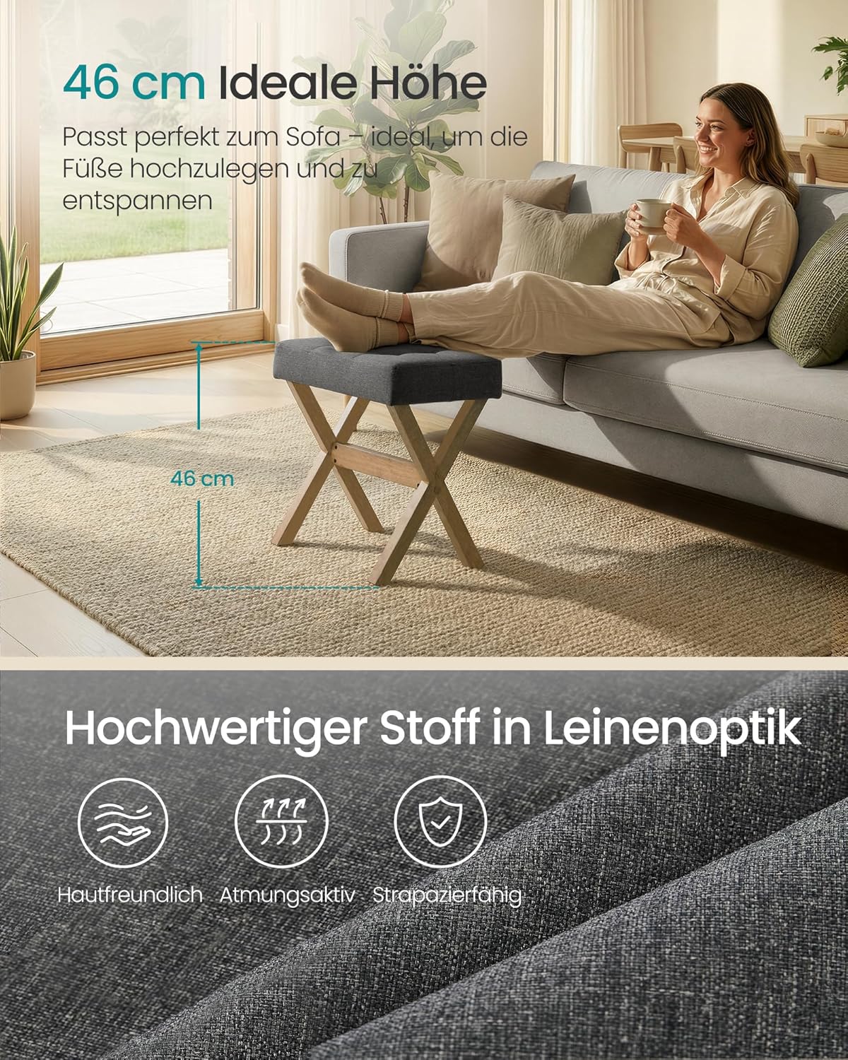 SONGMICS Make-up-Hocker, gepolsterter Hocker, Holzbeine, Fußhocker, Schlafzimmer, Ankleidezimmer, Flur, 32 x 42 x 46 cm, Schiefergrau, Braun, SPF006GN01 – Bild 4