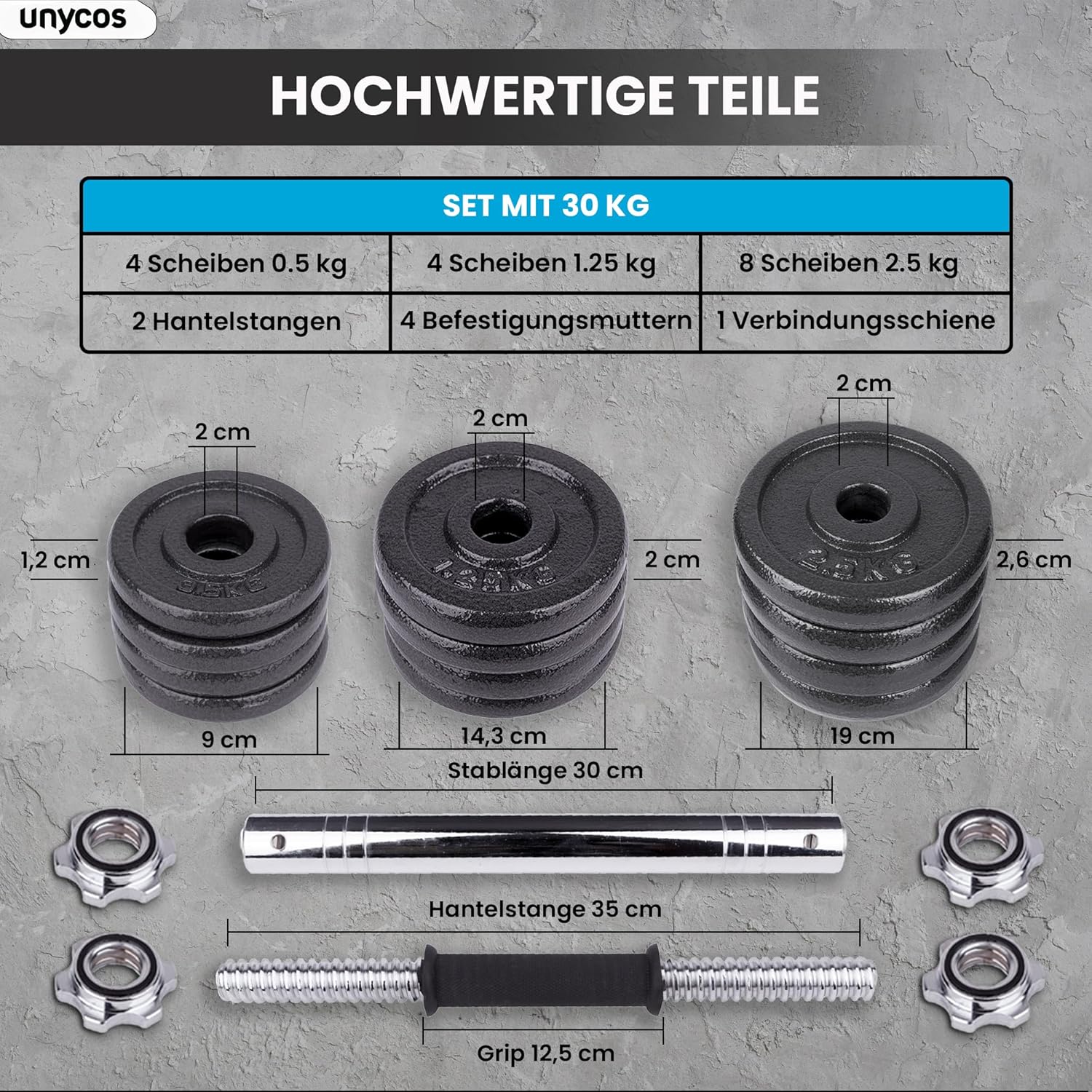 unycos – 2-in-1-Hanteln und Langhantel, verstellbar (15–50 kg), mit Übungs-E-Book, Gewichtsset mit Verbindungsstange und Eisenplatten, Aufbewahrungskoffer, Heim-Fitnessstudio (Eisentransformator) – Bild 4