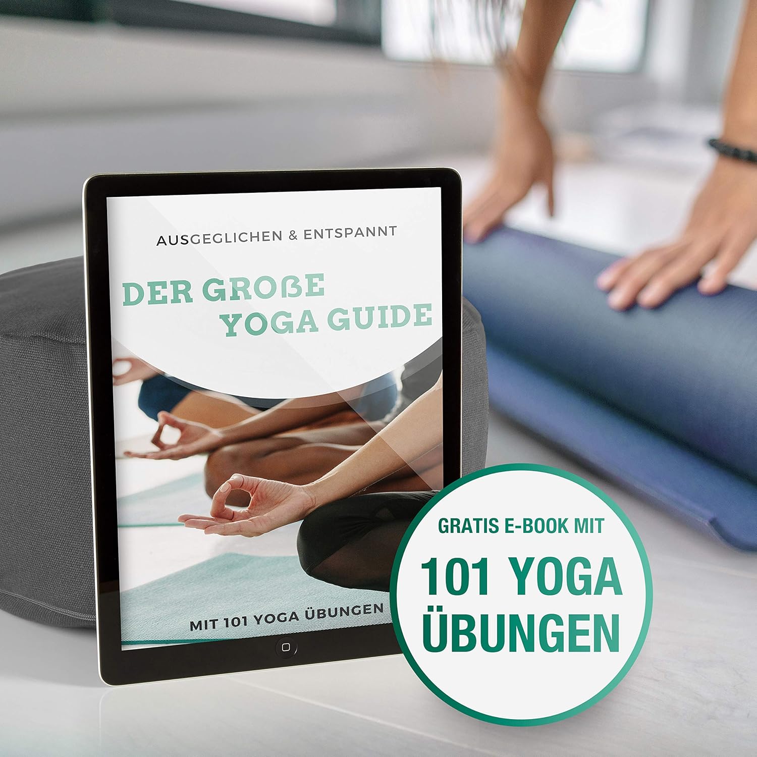 NAJATO Sports Meditationskissen – mit Yogagurt und E-Book – Yogakissen mit Buchweizenschalenfüllung – rundes Yogakissen mit waschbarem Baumwollbezug, grau – Bild 7