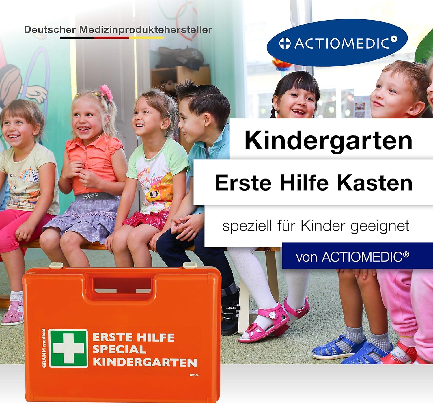 ACTIOMEDIC Erste-Hilfe-Kasten Kindergarten DIN 13157:2021, Notfallkoffer mit Wandhalterung, mehrsprachige Beschriftung, Orange, 34 x 12 x 24 cm – Bild 2