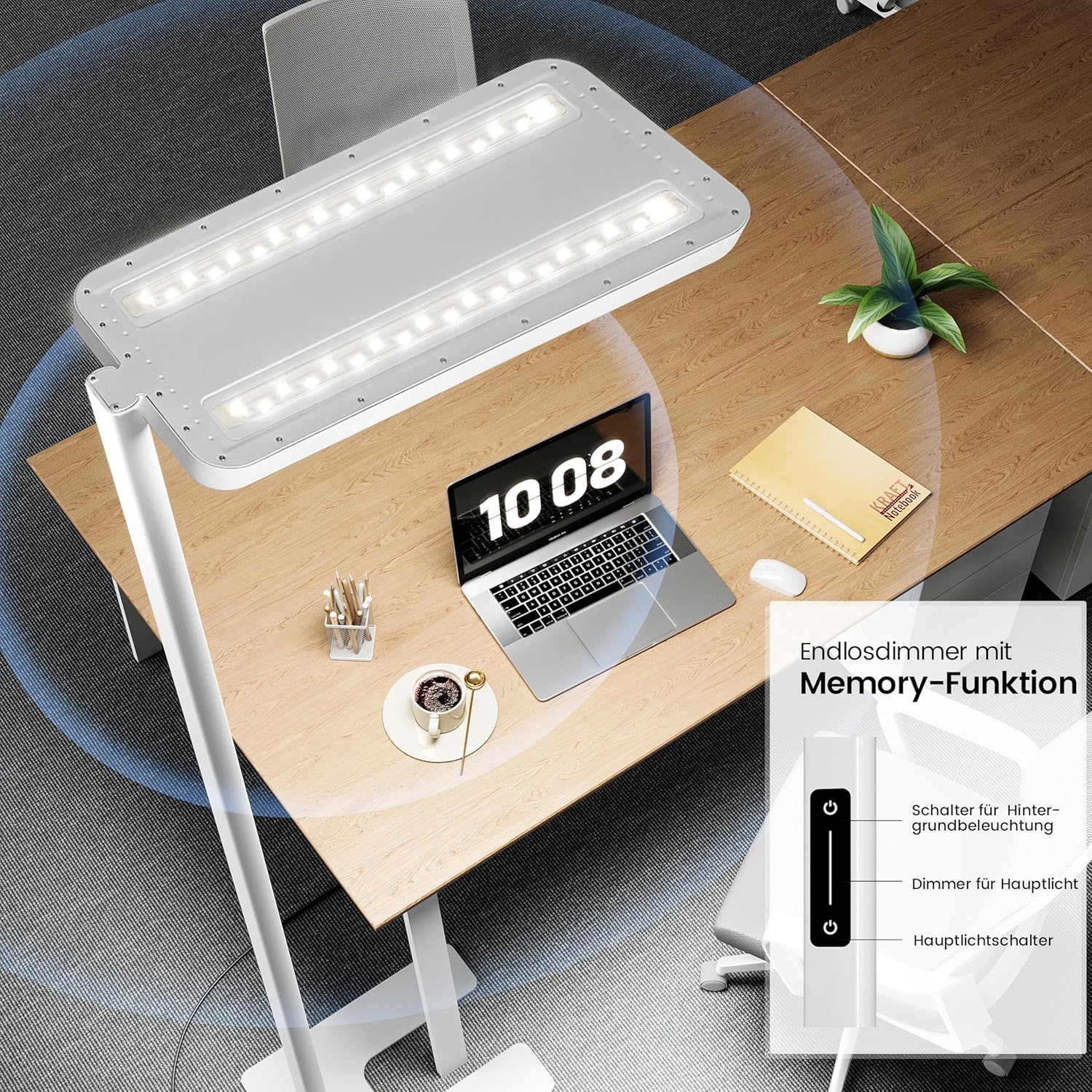 UGR98,2 m Vollspektrum-Tageslichtlampe, Dual-Stehlampe, dimmbar, Augenschutz, Deckenfluter, 4000 K, Stehlampe, Büro, Leselampe für Kinderzimmer, Weiß – Bild 6