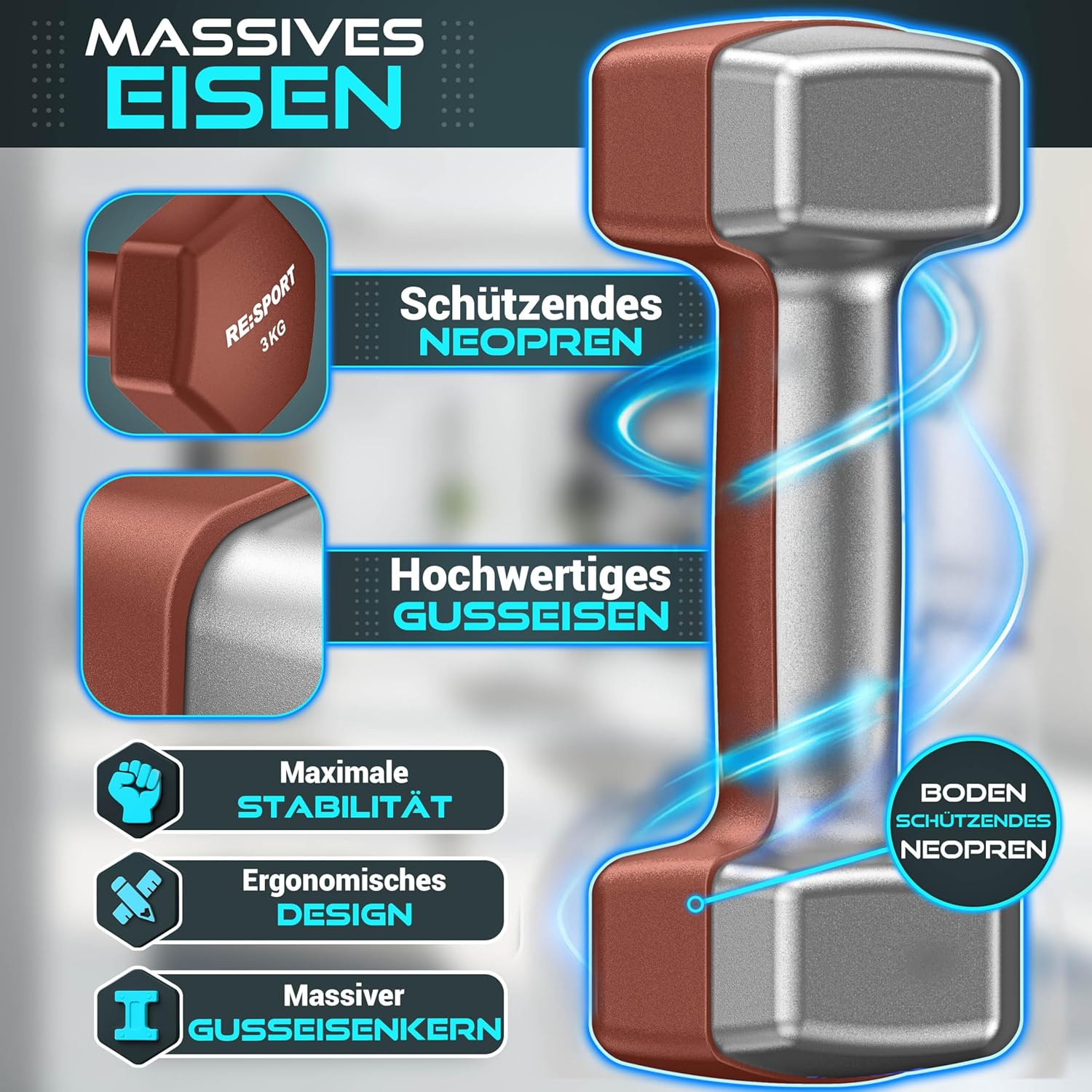 RE:SPORT Kurzhantel-Set 3 Paar, 1 kg – 5 kg, 12 kg oder 18 kg mit Ständer und 3 x Fitnessbändern, rutschfeste Neopren-Hanteln für Damen und Herren, Kurzhantel-Set – Bild 3